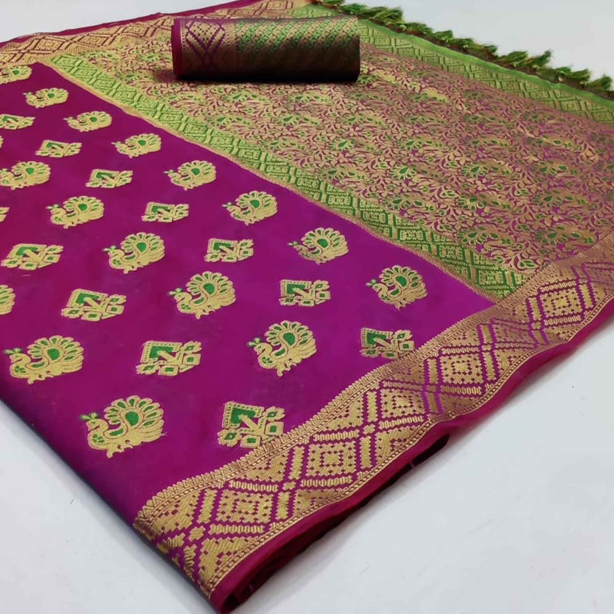 Radiant Purple Colored Festive Wear Woven Cotton Saree - Peachmode
