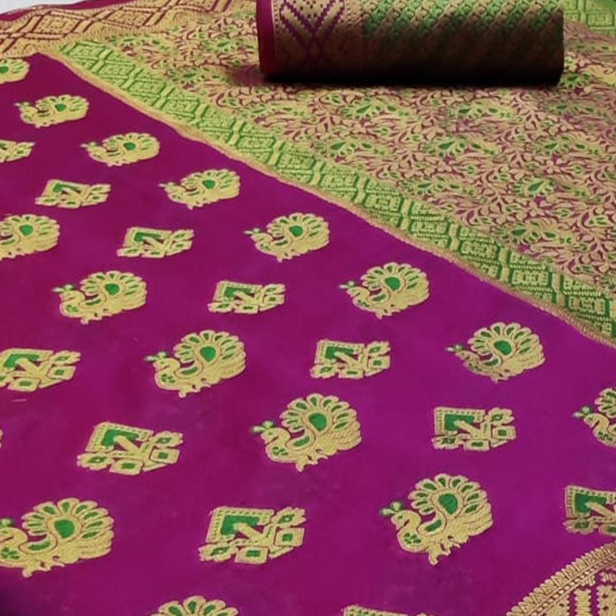 Radiant Purple Colored Festive Wear Woven Cotton Saree - Peachmode