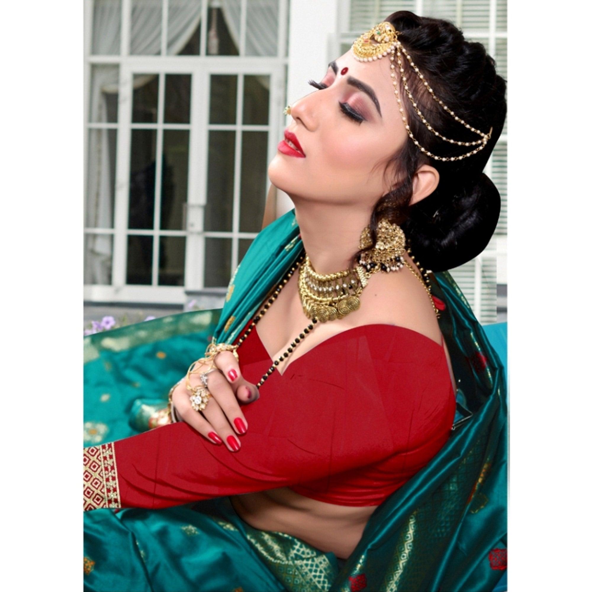 Radiant Rama Green Colored Festive Wear Woven Lichi Silk Saree - Peachmode