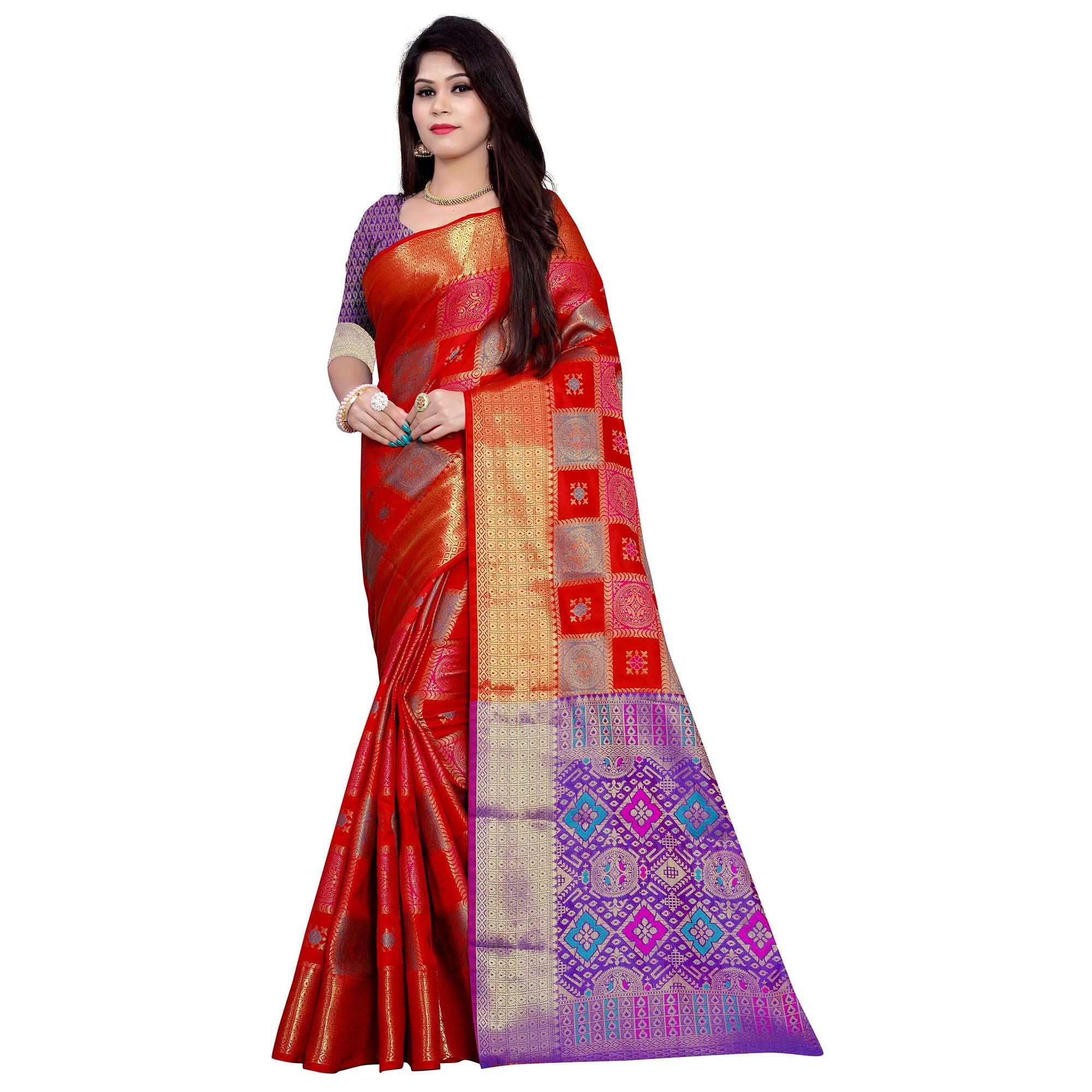Radiant Red Colored Festive Wear Woven Banarasi Silk Saree - Peachmode