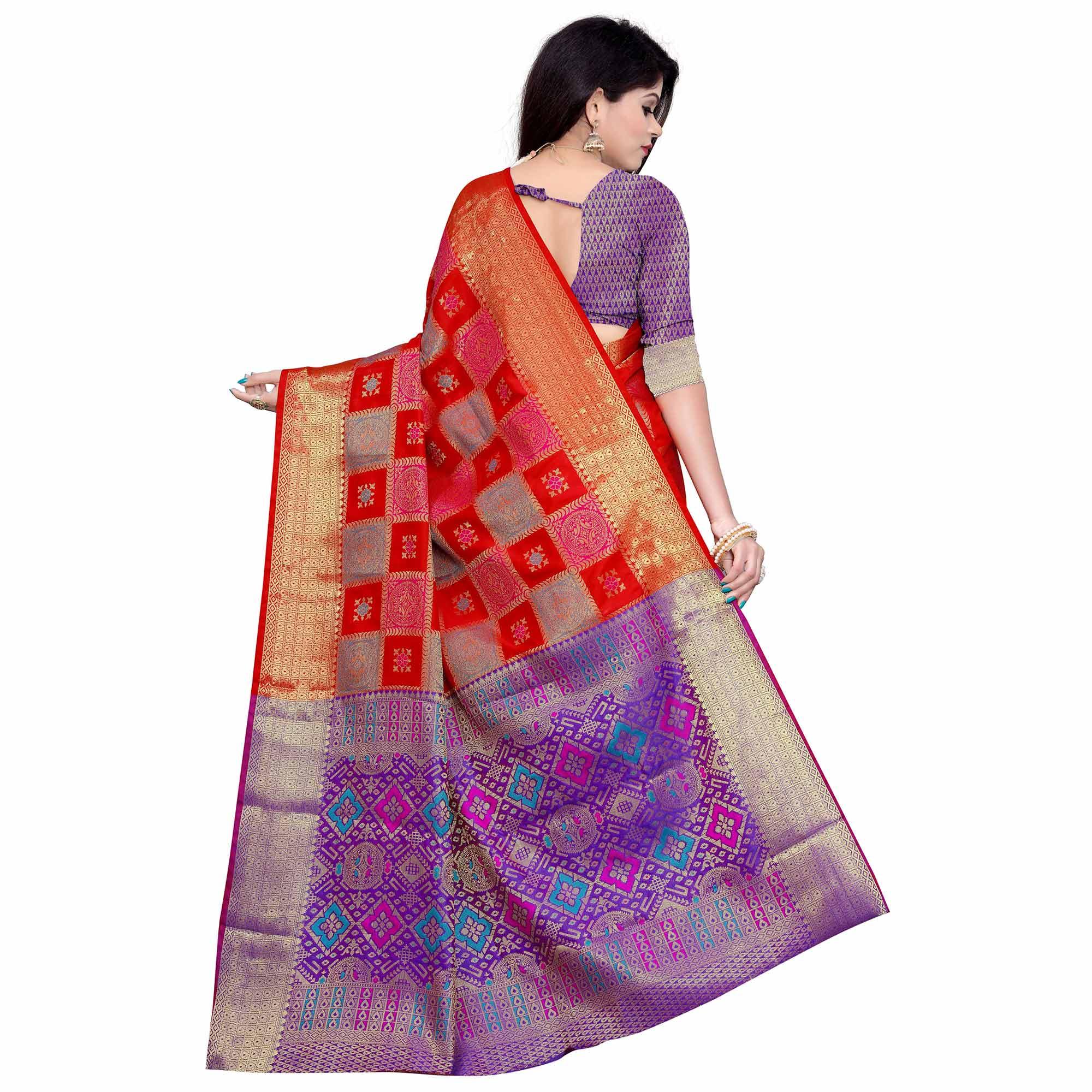 Radiant Red Colored Festive Wear Woven Banarasi Silk Saree - Peachmode