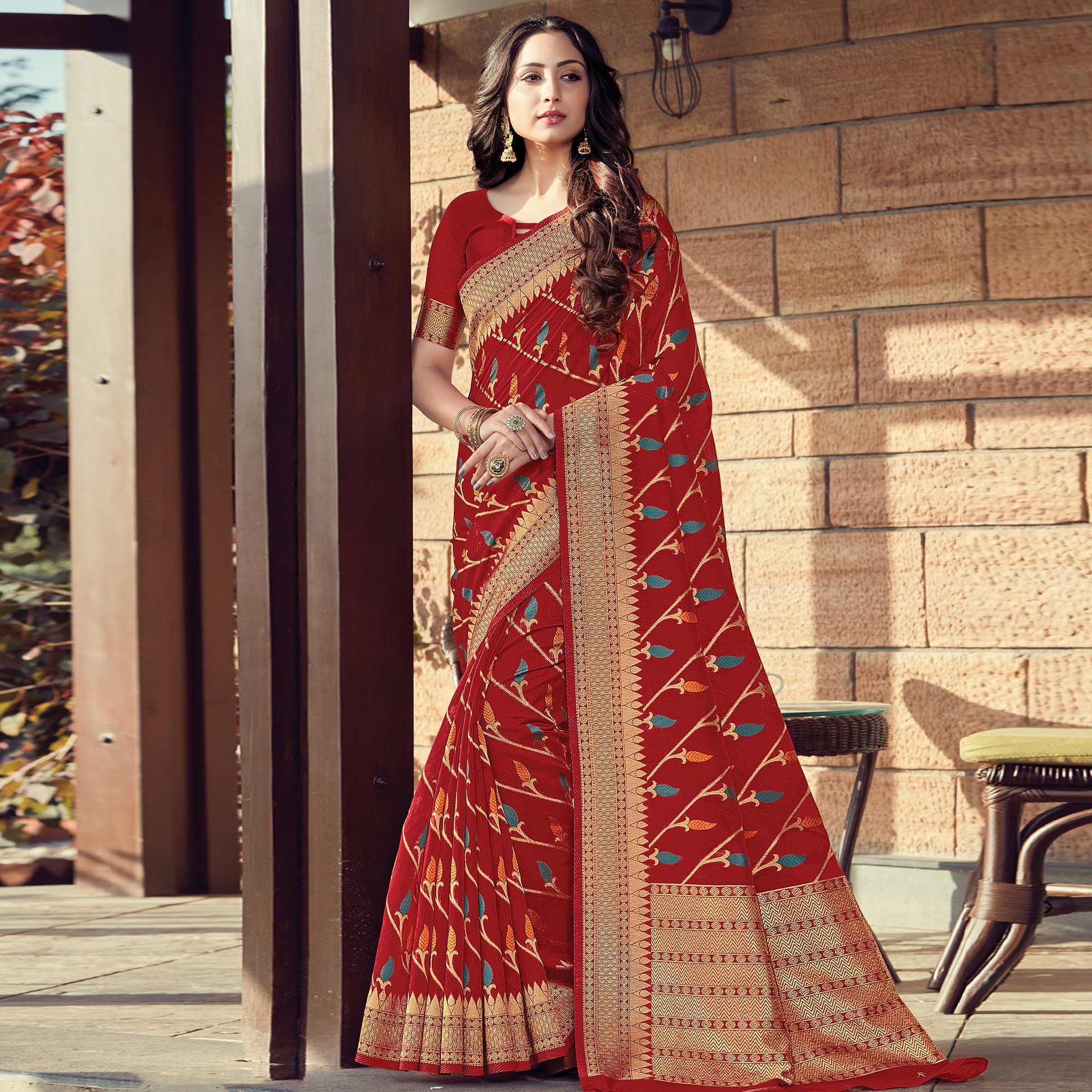 Radiant Red Colored Festive Wear Woven Cotton Handloom Saree - Peachmode