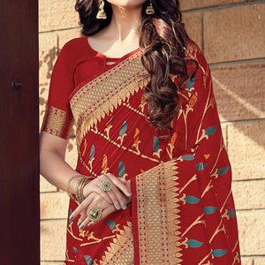 Radiant Red Colored Festive Wear Woven Cotton Handloom Saree - Peachmode