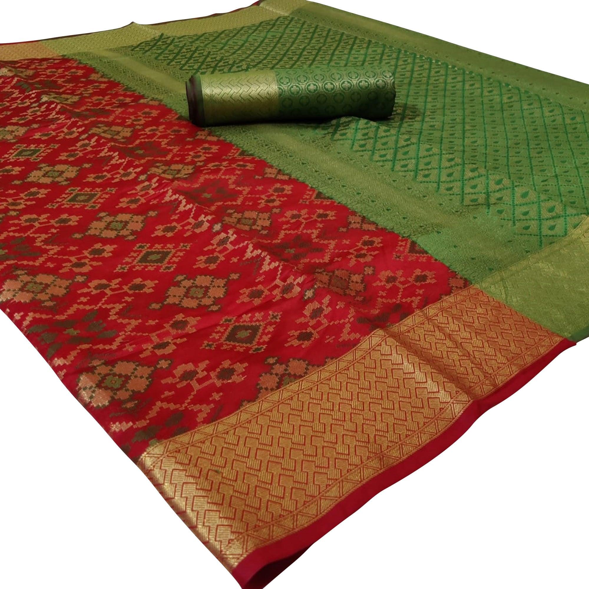 Radiant Red Colored Festive Wear Woven Silk Saree - Peachmode