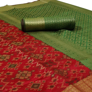 Radiant Red Colored Festive Wear Woven Silk Saree - Peachmode