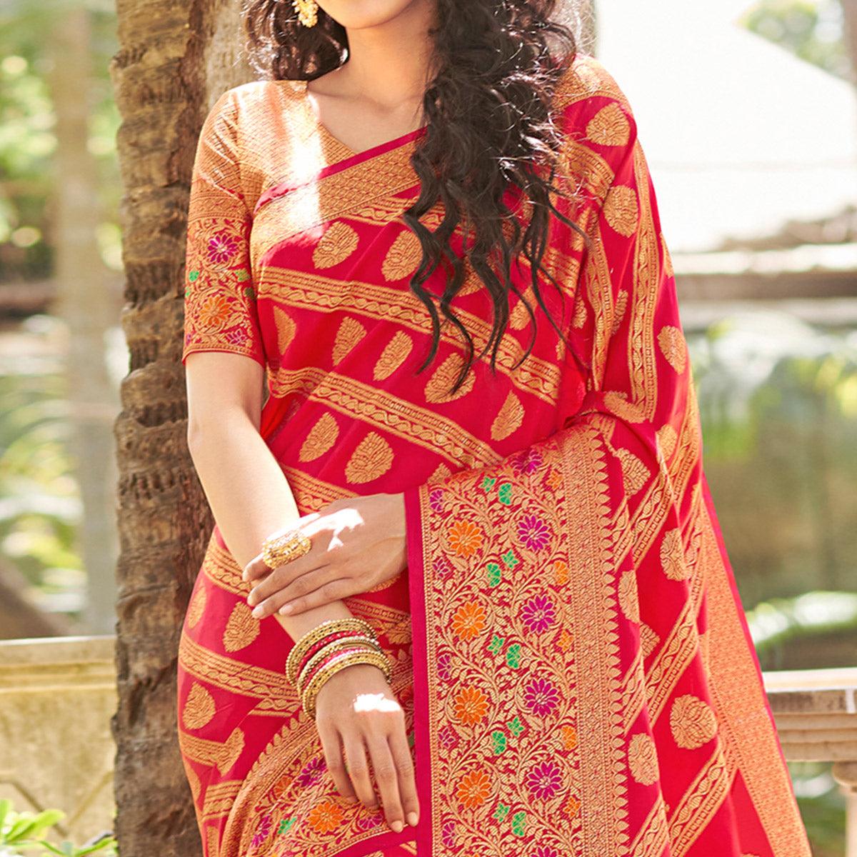 Radiant Red Colored Festive Wear Woven Silk Saree - Peachmode