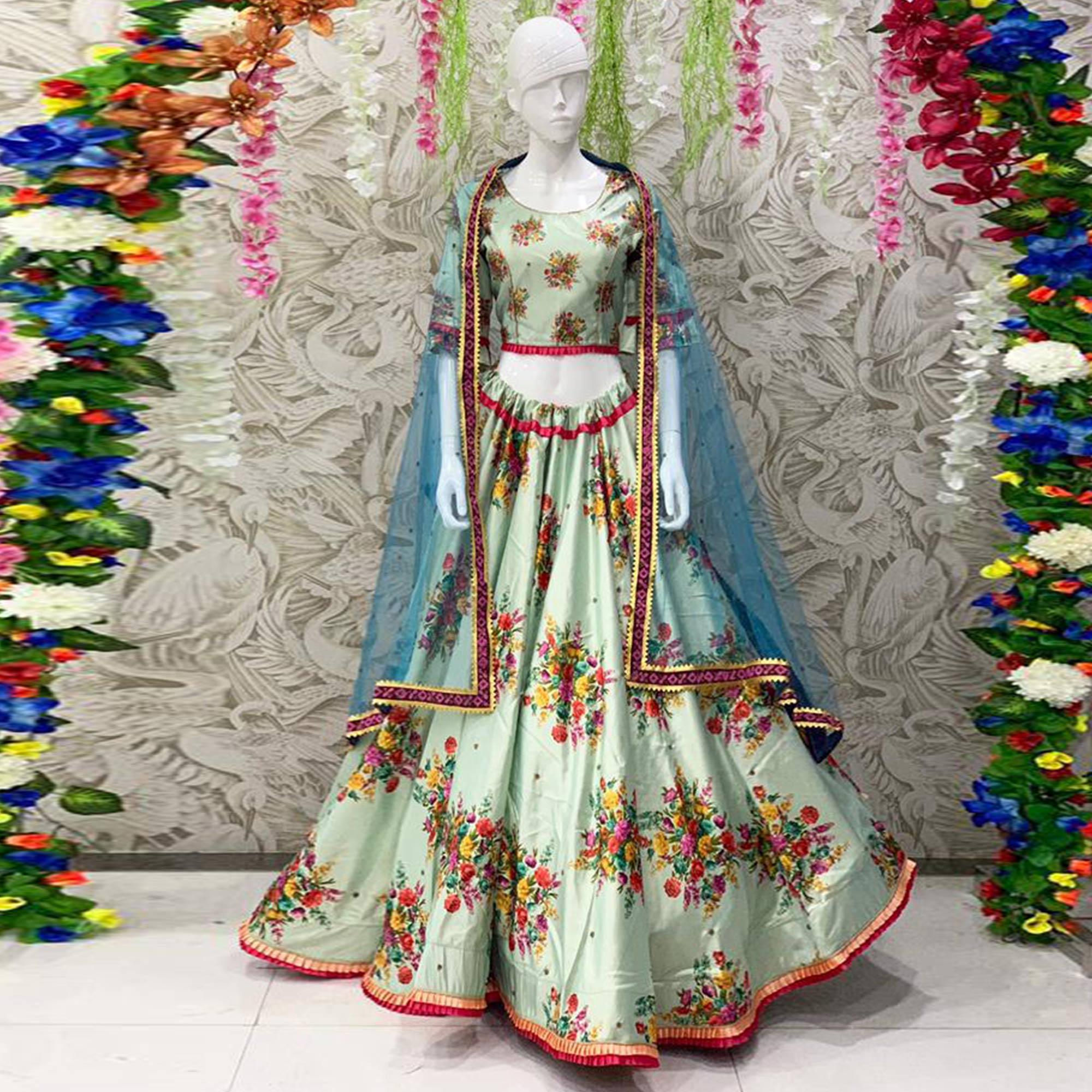 Radiant Sea Green Coloured Partywear Embroidered Dual Satin Lehenga Choli - Peachmode