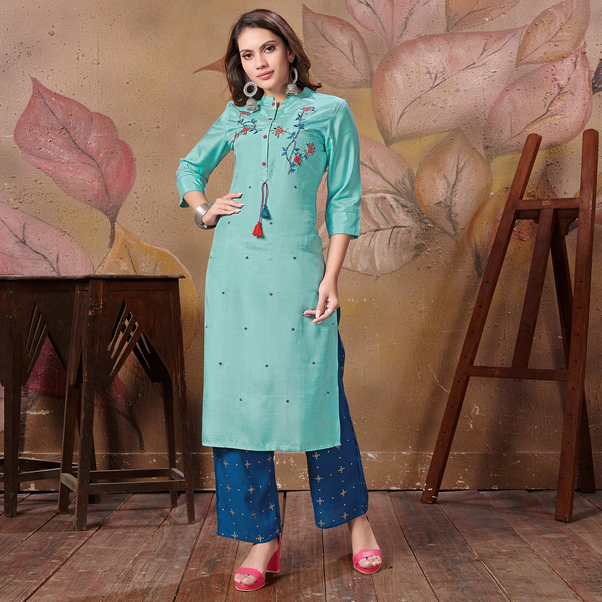 Radiant Teal Blue Colored Partywear Floral Embroidered Silk Kurti-Palazzo Set - Peachmode