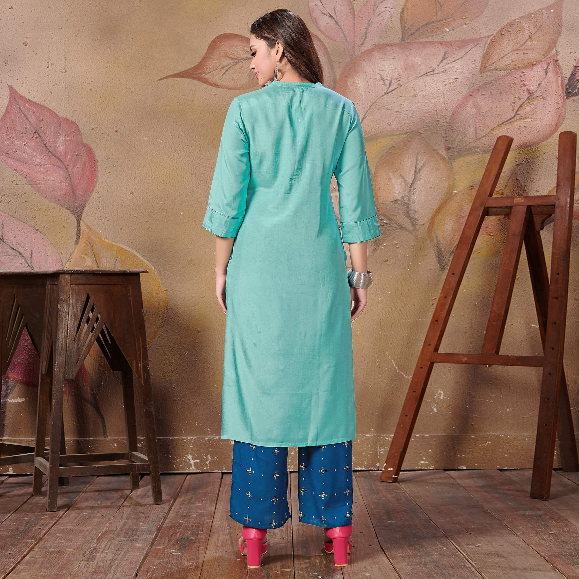 Radiant Teal Blue Colored Partywear Floral Embroidered Silk Kurti-Palazzo Set - Peachmode