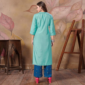 Radiant Teal Blue Colored Partywear Floral Embroidered Silk Kurti-Palazzo Set - Peachmode