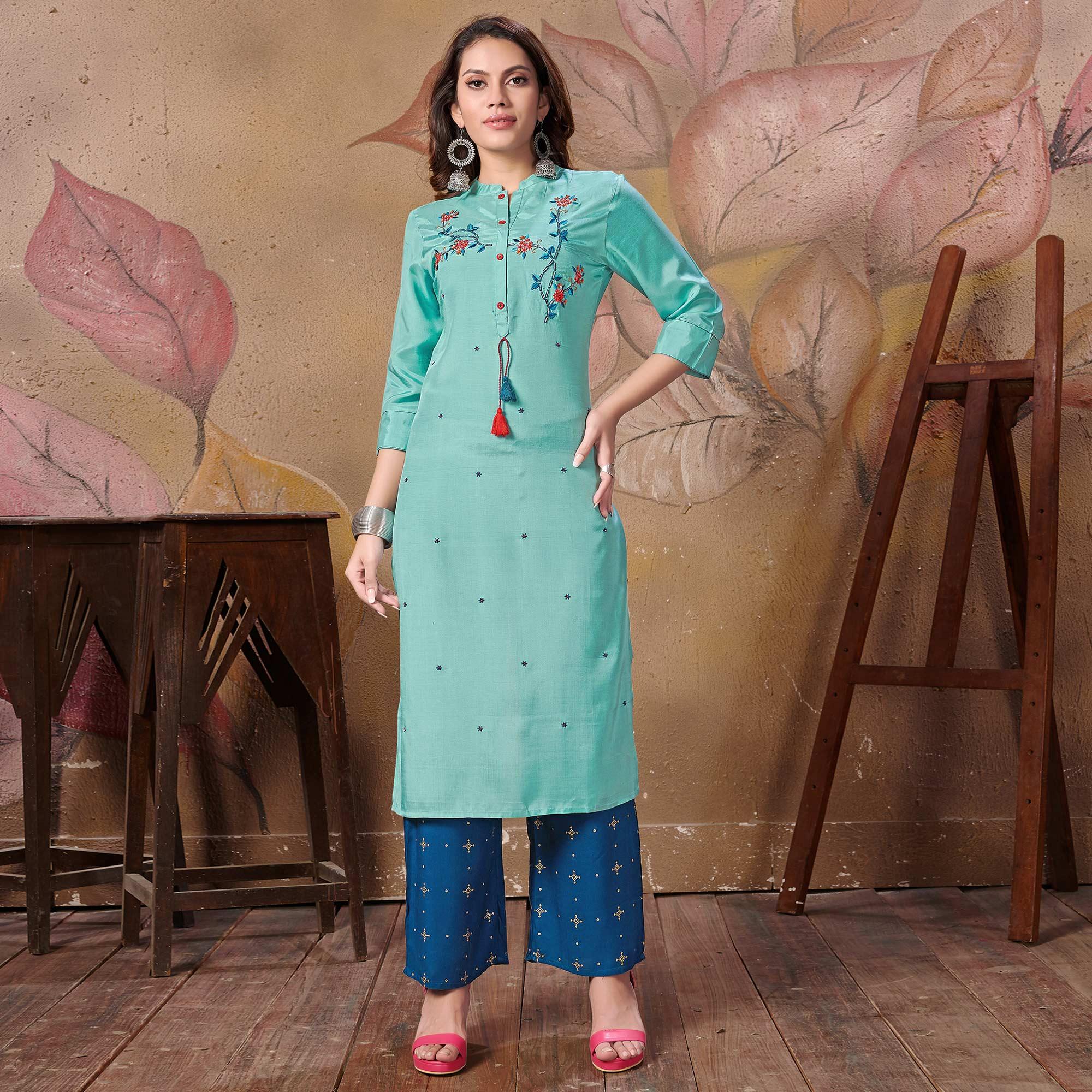 Radiant Teal Blue Colored Partywear Floral Embroidered Silk Kurti-Palazzo Set - Peachmode