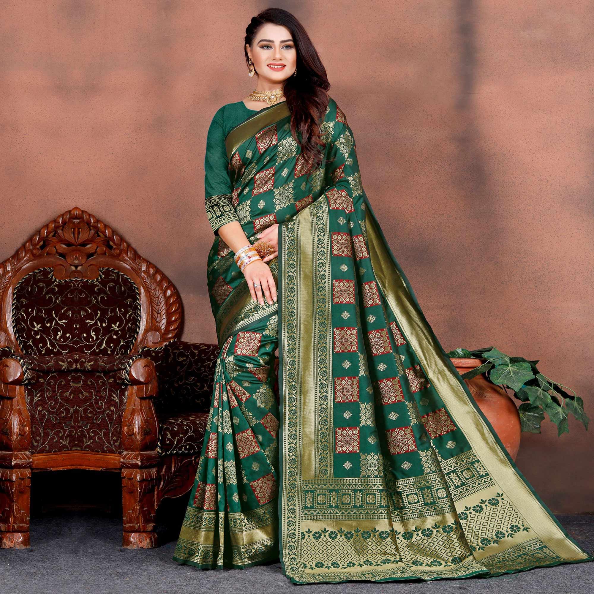 Radiant Teal Green Colored Festive Wear Woven Silk Saree - Peachmode