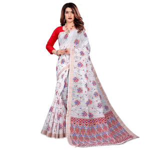 Radiant White Colored Casual Wear Printed Cotton Saree With Tassels - Peachmode