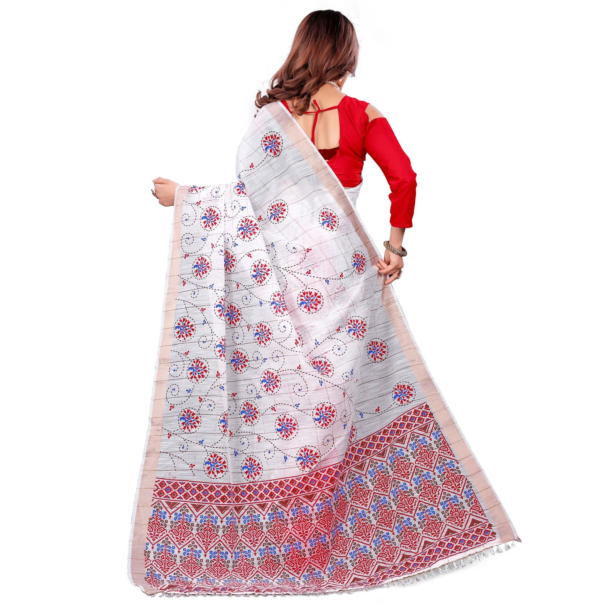 Radiant White Colored Casual Wear Printed Cotton Saree With Tassels - Peachmode