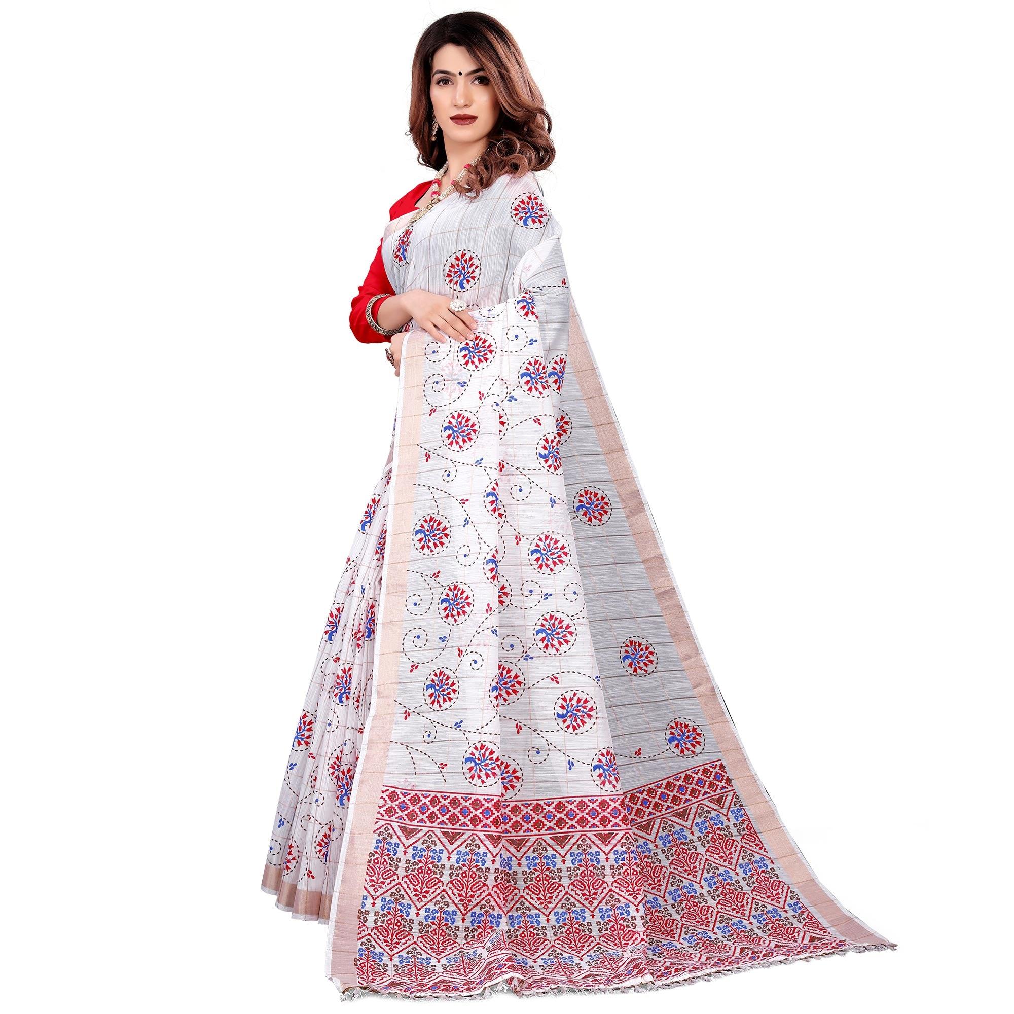 Radiant White Colored Casual Wear Printed Cotton Saree With Tassels - Peachmode