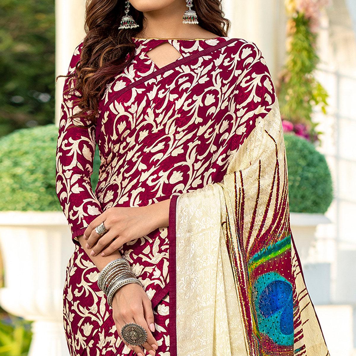 Radiant Wine Colored Festive Wear Diamond Work Silk Saree - Peachmode