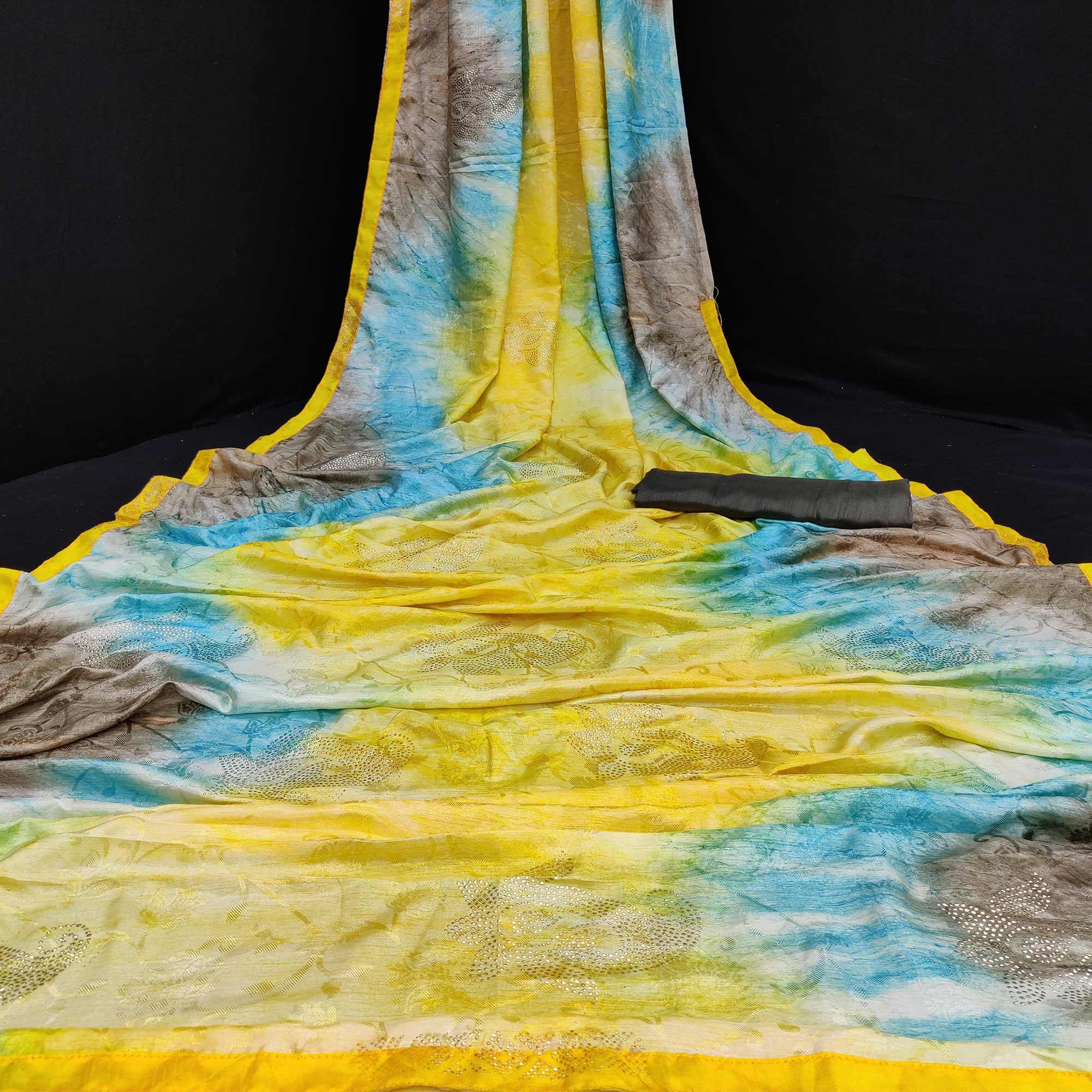Radiant Yellow Colored Embossed Floral Pattern Casual Wear Jacqaurd Dola Silk Saree - Peachmode