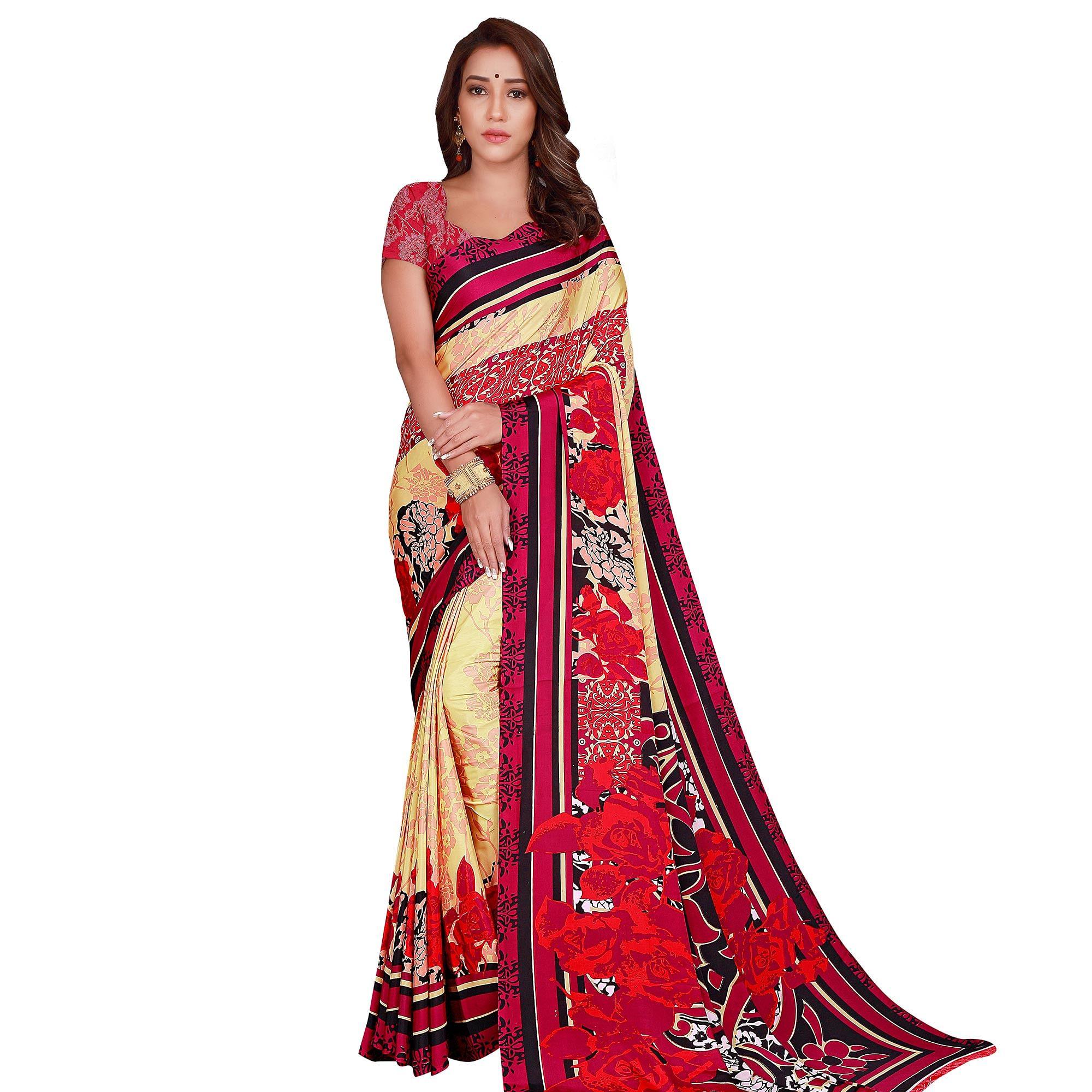 Radiant Yellow-Red Colored Casual Wear Printed Crepe Saree - Peachmode