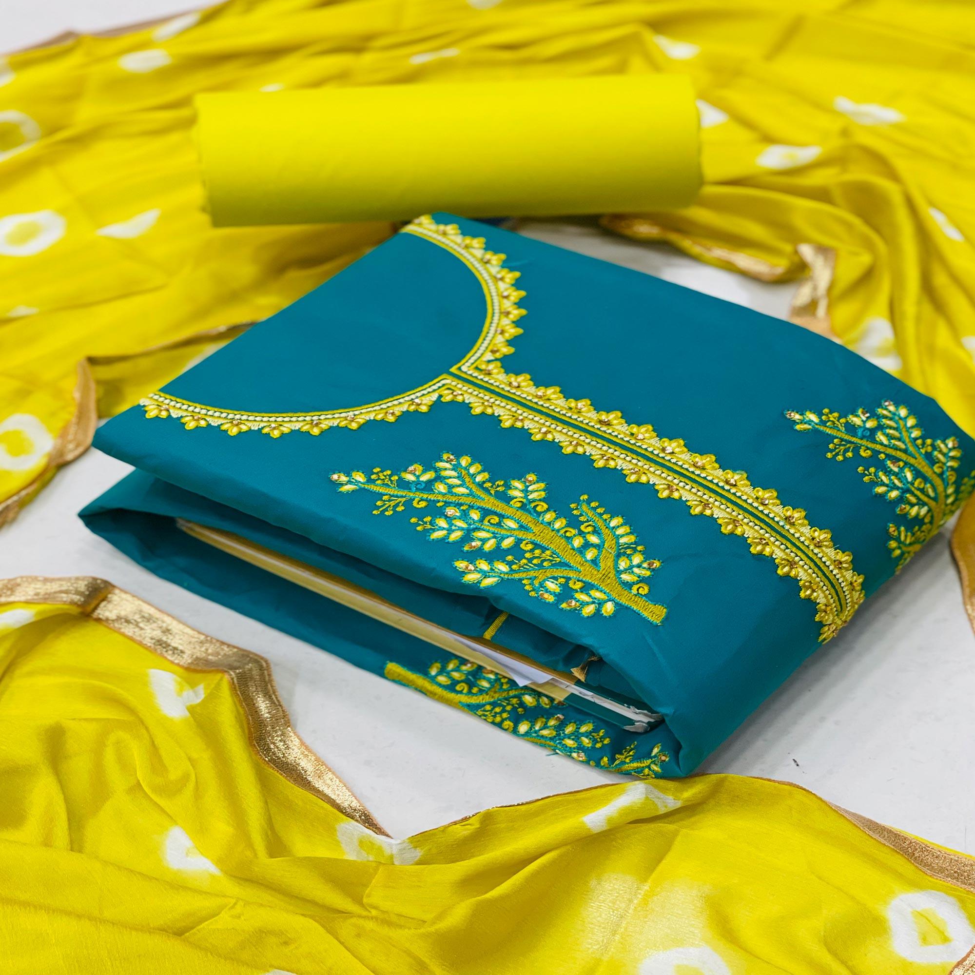 Ram Blue Casual Wear Embroidered Cotton Dress Material - Peachmode