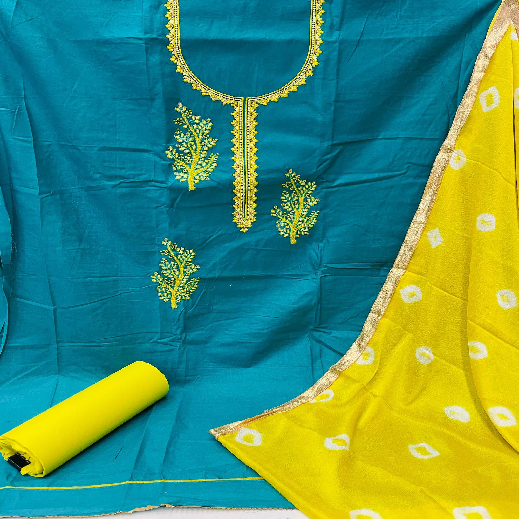 Ram Blue Casual Wear Embroidered Cotton Dress Material - Peachmode