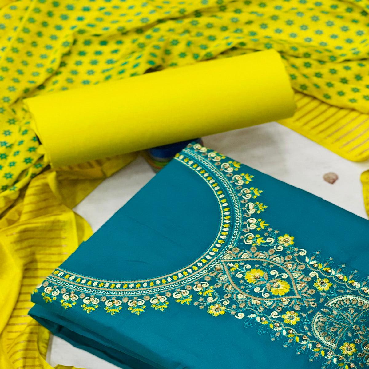 Ram Blue Casual Wear Floral Embroidered Cotton Dress Material - Peachmode
