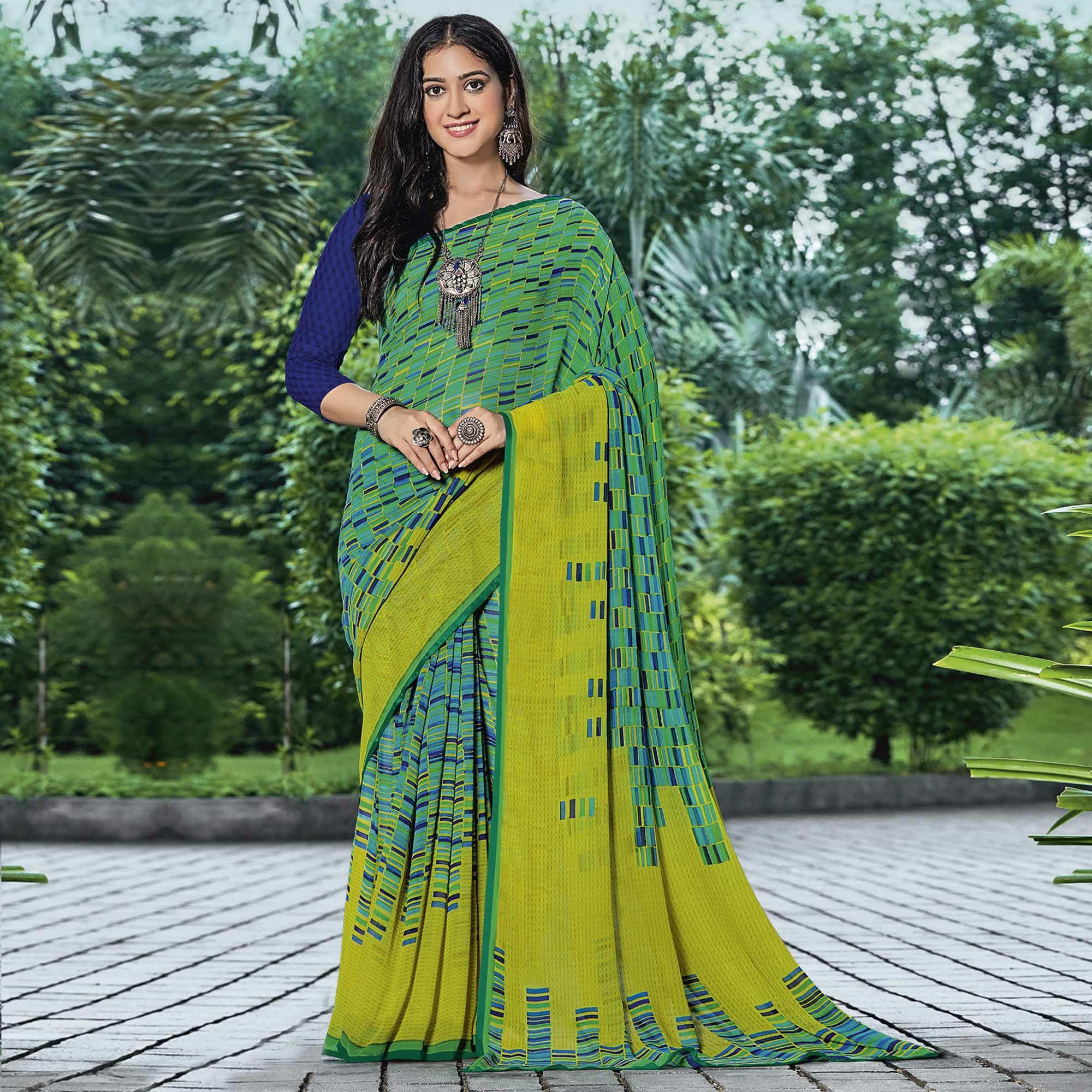 Rama & Lemon Green Casual Wear Checks Printed Georgette Saree - Peachmode