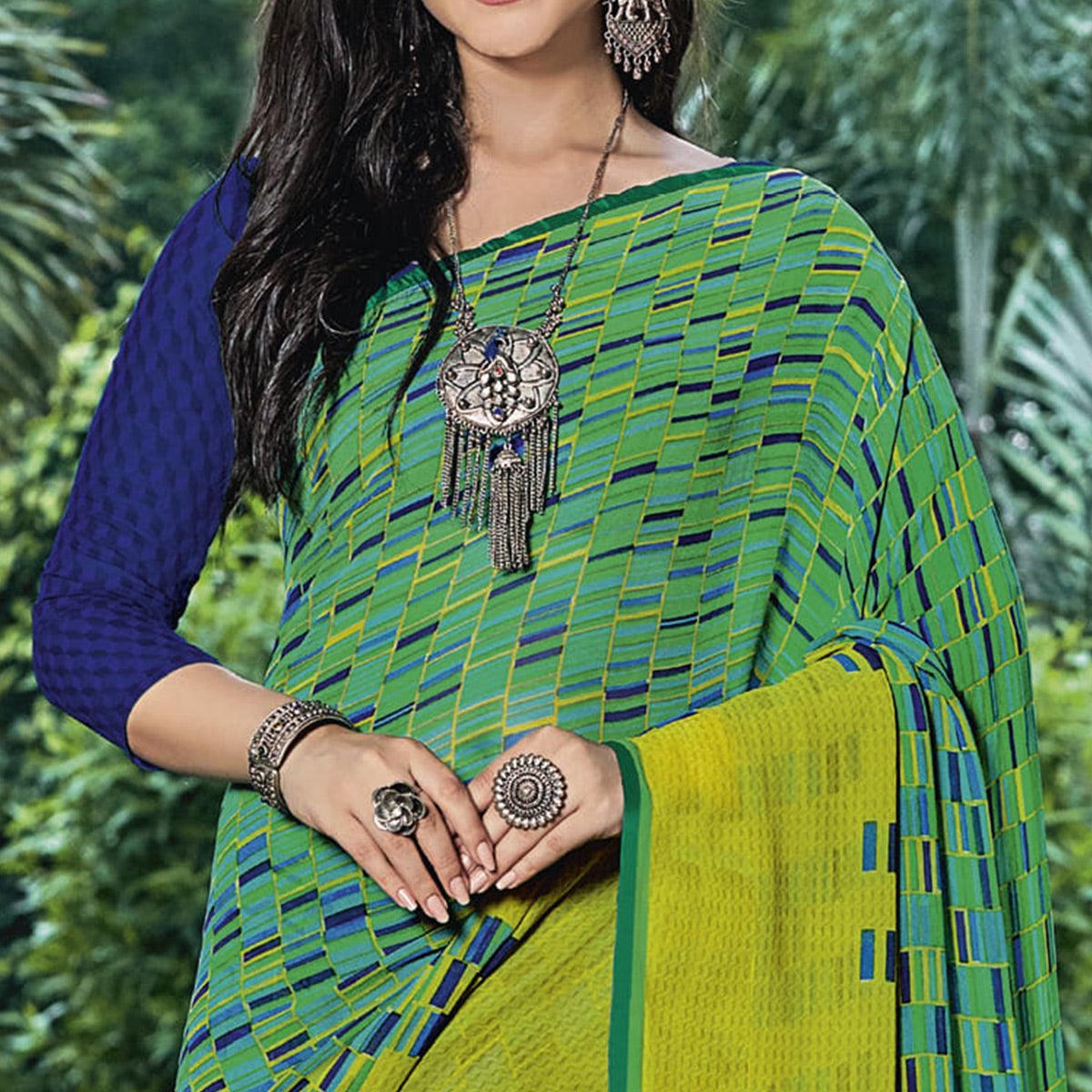 Rama & Lemon Green Casual Wear Checks Printed Georgette Saree - Peachmode