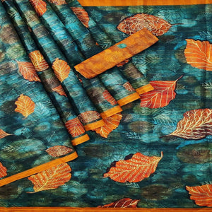 Rama Blue Casual Wear Digital Printed Cotton Silk Saree - Peachmode