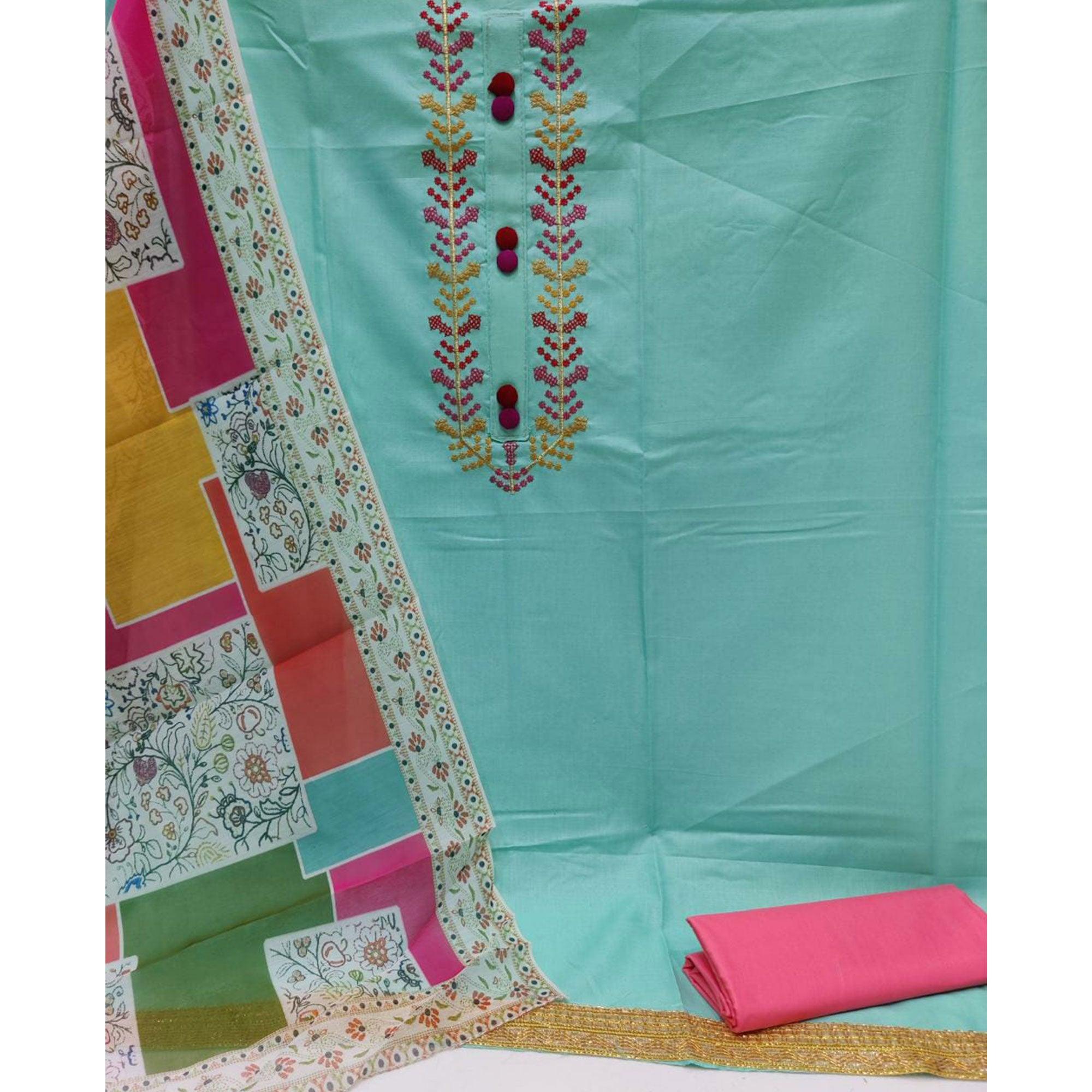 Rama Blue Casual Wear Embroidered Cotton Dress Material - Peachmode