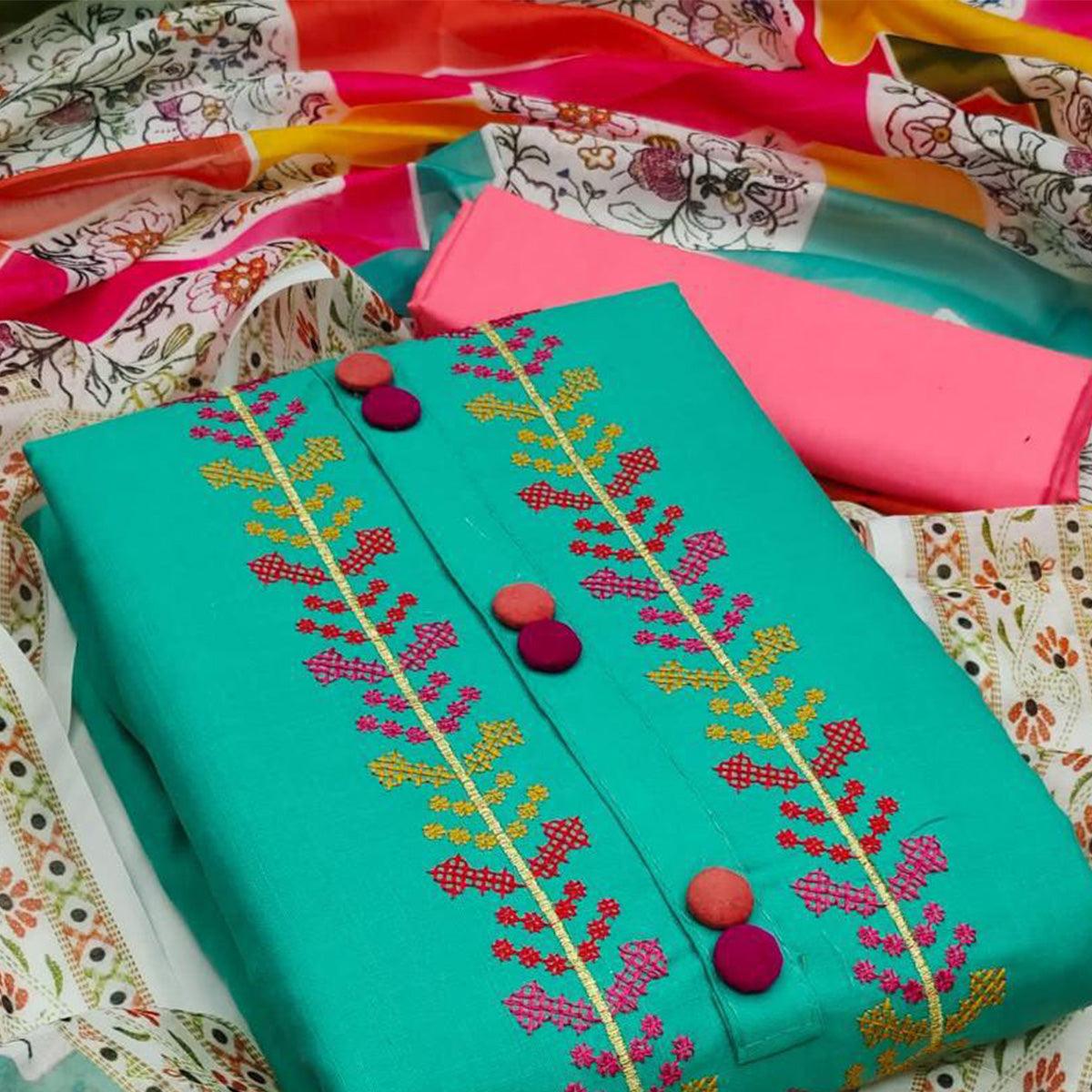 Rama Blue Casual Wear Embroidered Cotton Dress Material - Peachmode