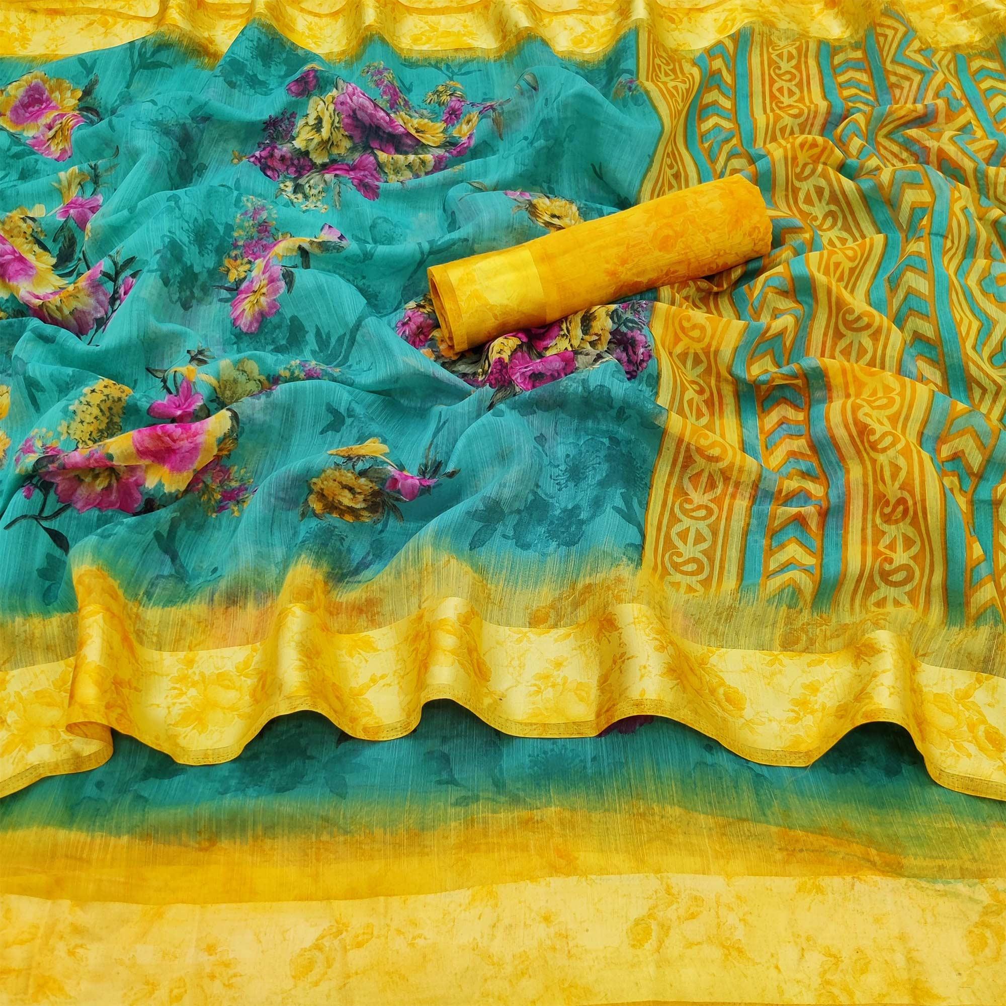 Rama Blue Casual Wear Floral Digital Printed linen Saree - Peachmode