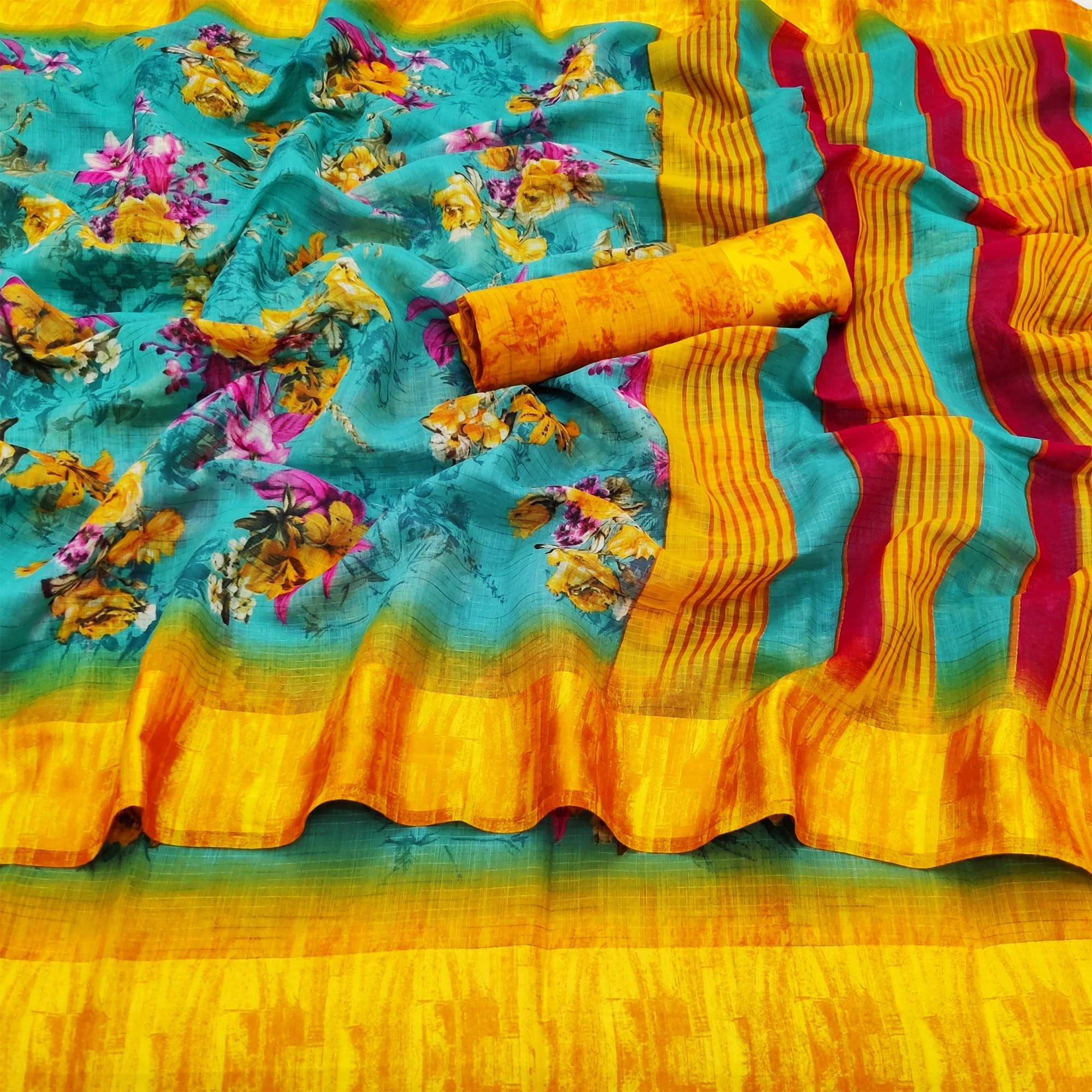 Rama Blue Casual Wear Floral Digital Printed linen Saree - Peachmode