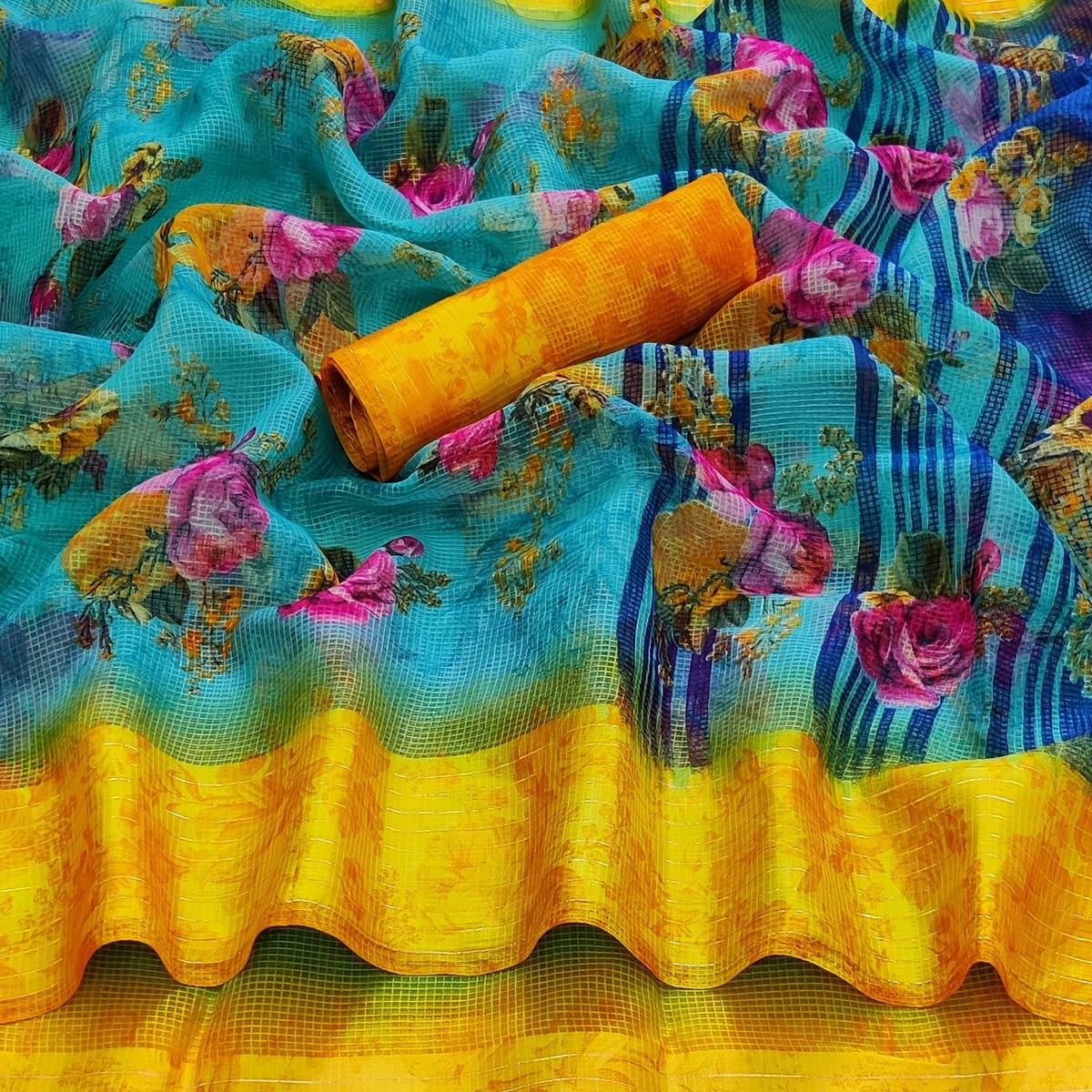 Rama Blue Casual Wear Floral Digital Printed linen Saree - Peachmode
