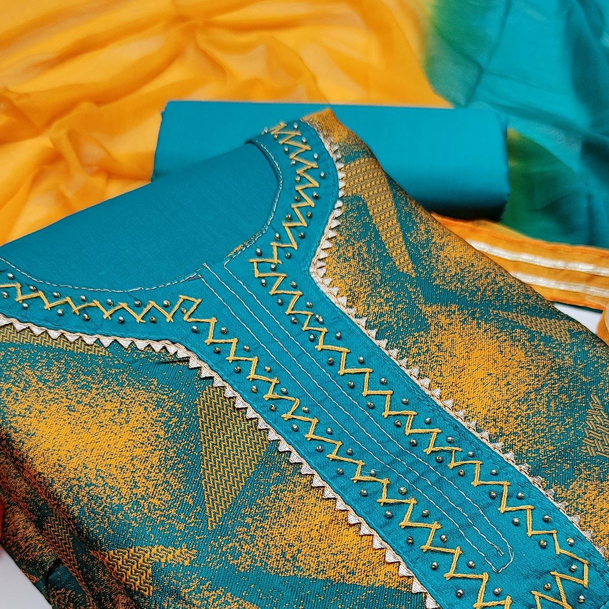 Rama-Blue Casual Wear Floral Embroidered Cotton Dress Material - Peachmode