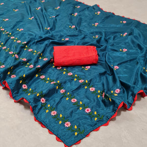 Rama Blue Casual Wear Floral Embroidered Dola Silk Saree - Peachmode