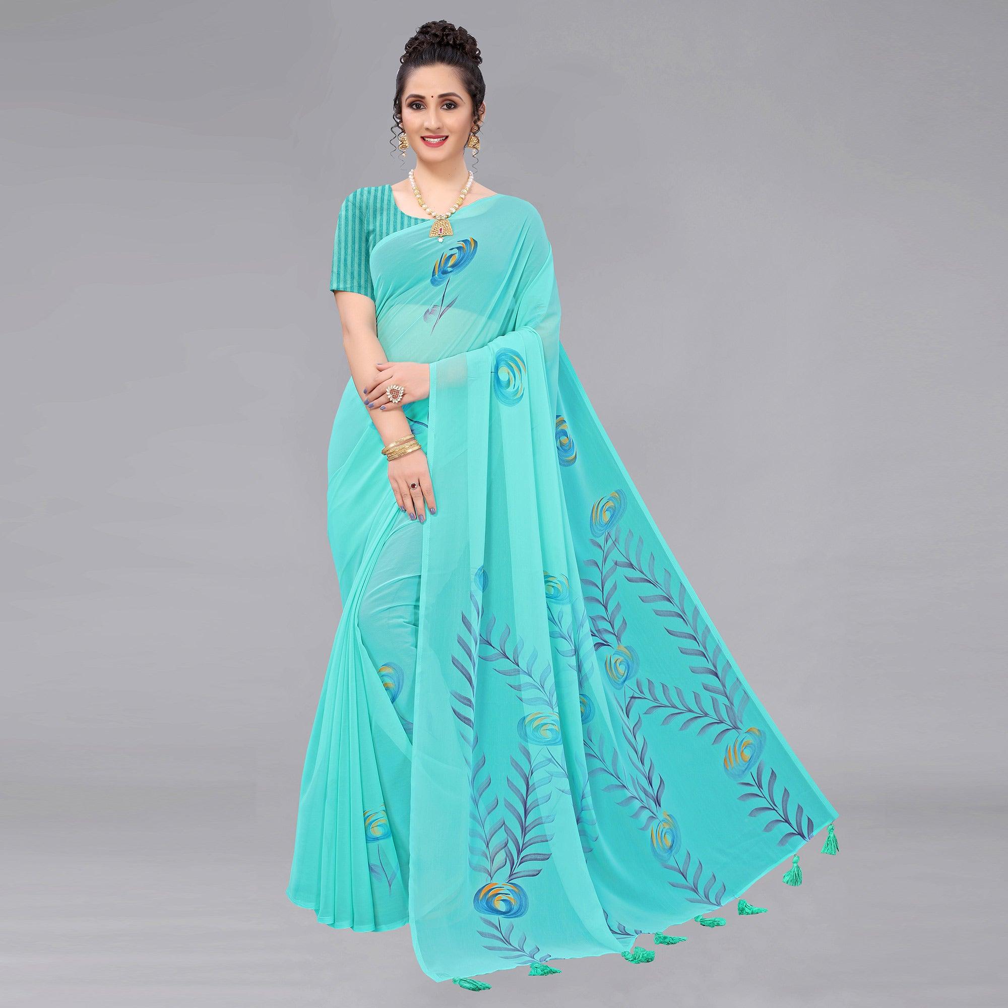 Rama Blue Casual Wear Floral Hand Printed Georgette Saree - Peachmode