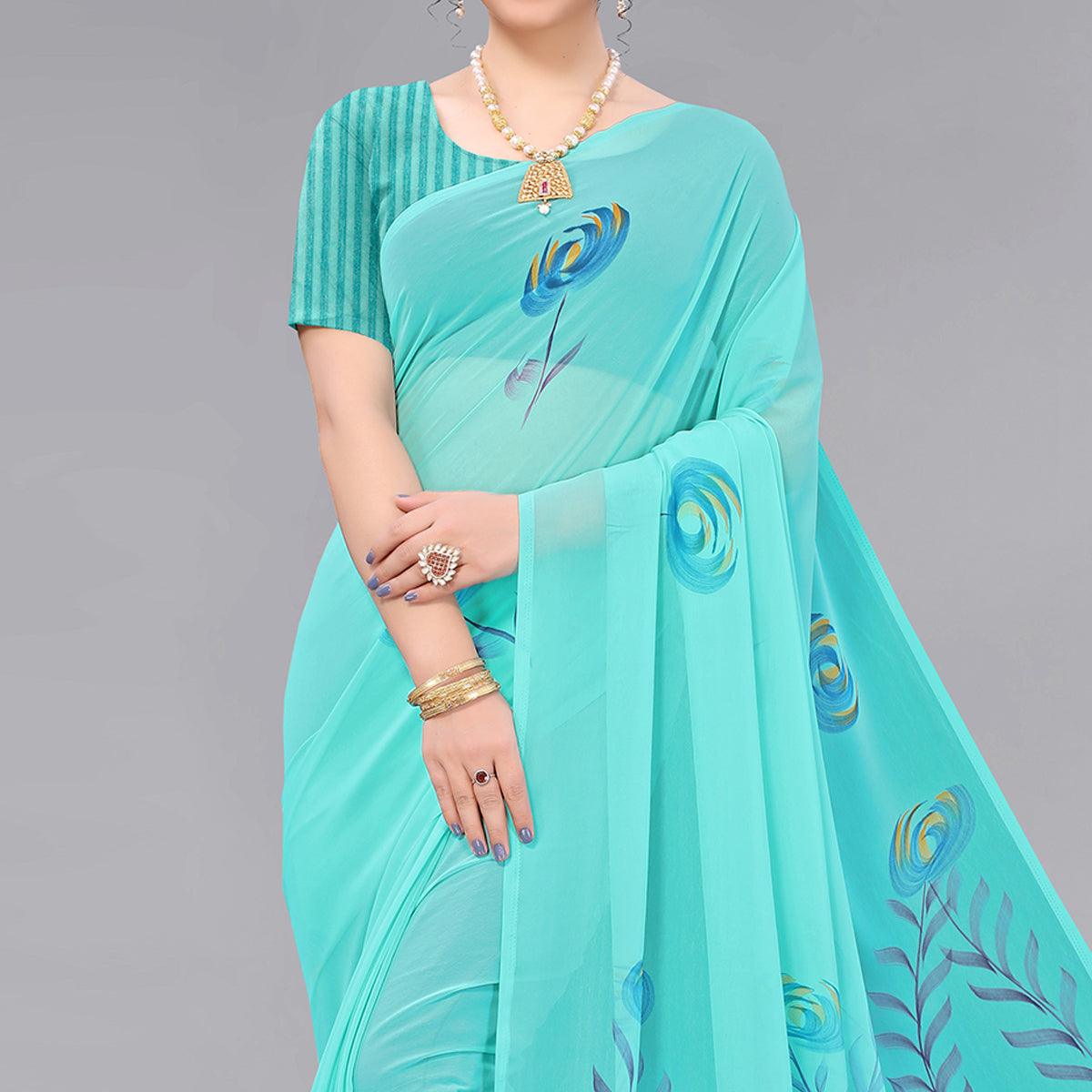 Rama Blue Casual Wear Floral Hand Printed Georgette Saree - Peachmode