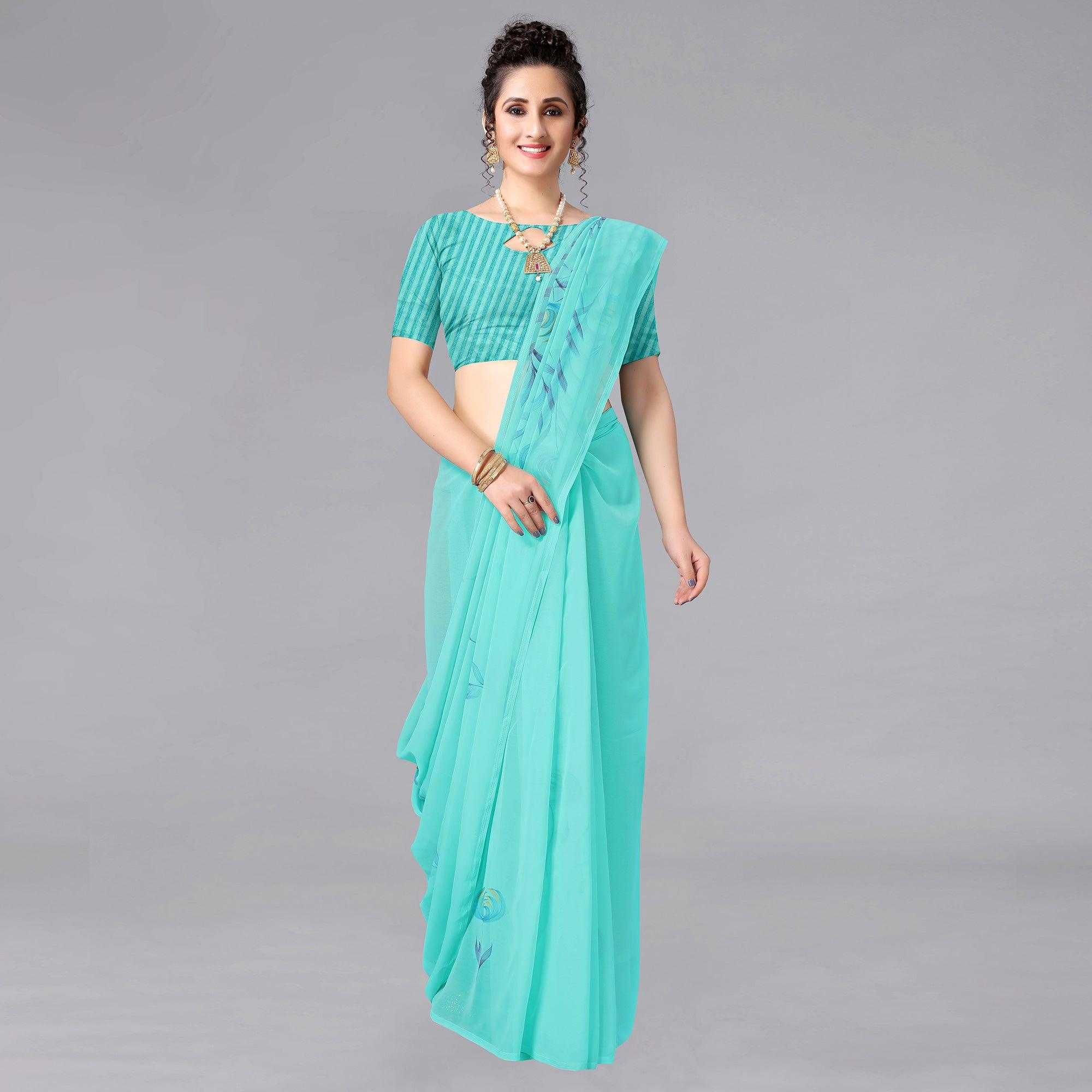 Rama Blue Casual Wear Floral Hand Printed Georgette Saree - Peachmode