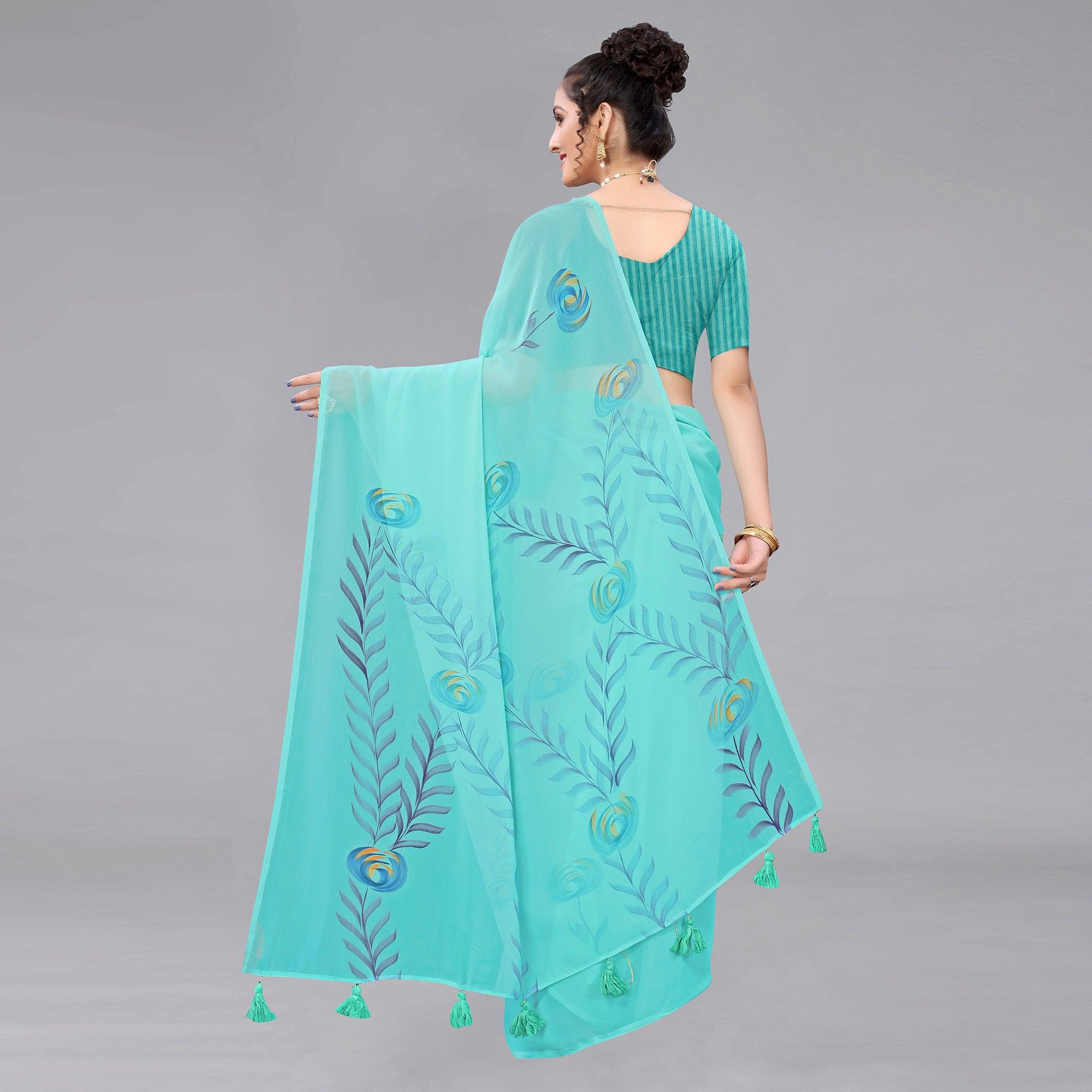 Rama Blue Casual Wear Floral Hand Printed Georgette Saree - Peachmode