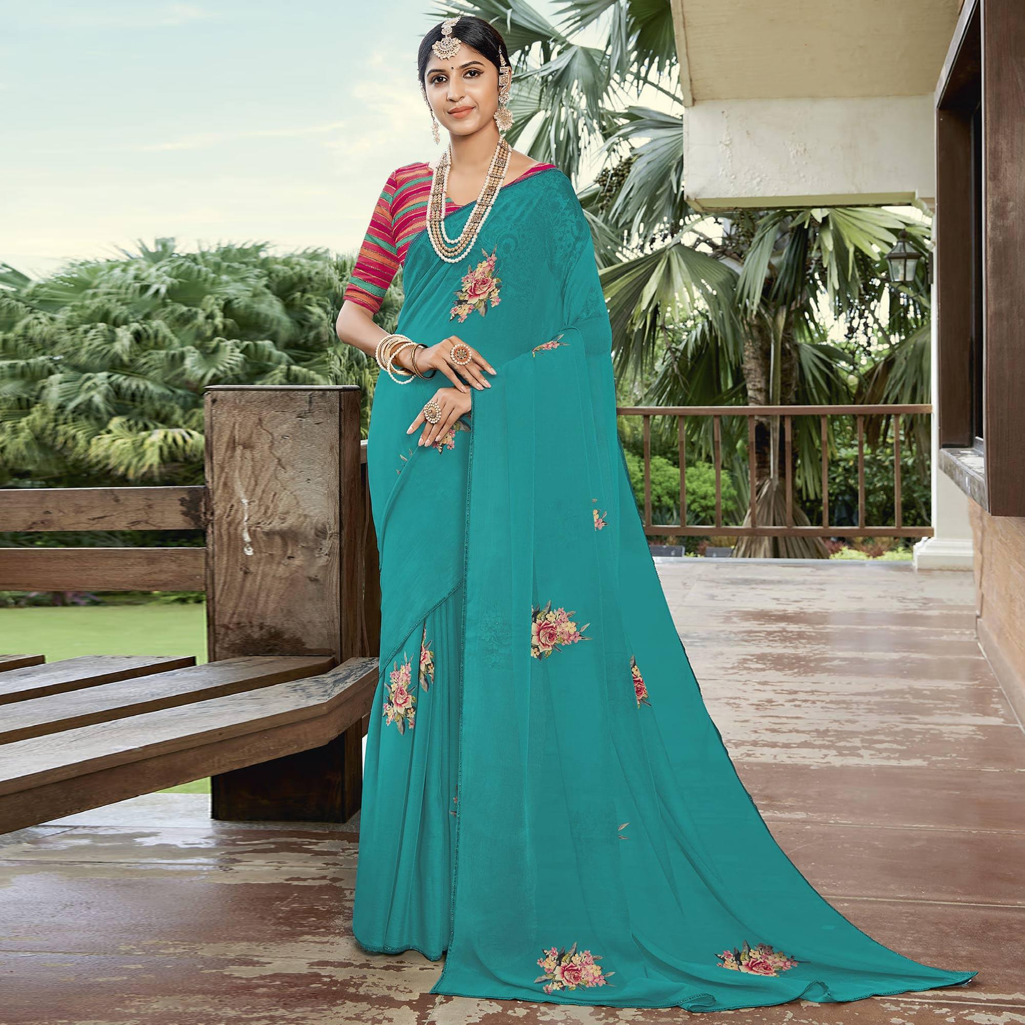 Rama Blue Casual Wear Floral Printed Chiffon Saree - Peachmode