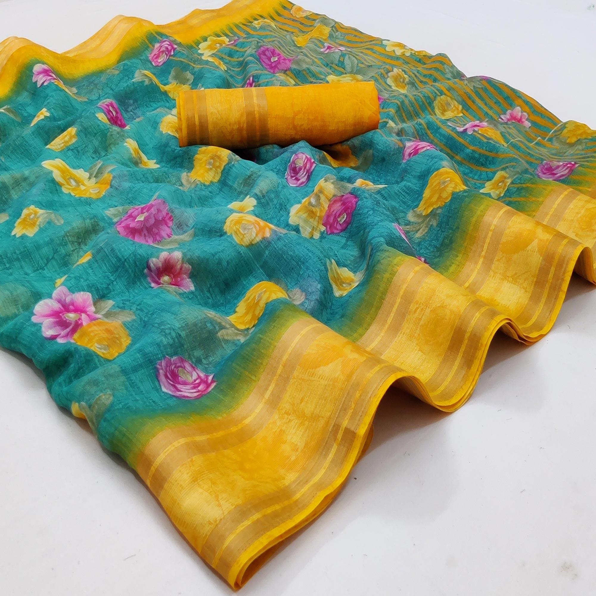 Rama Blue Casual Wear Floral Printed Cotton Saree With Woven Border - Peachmode