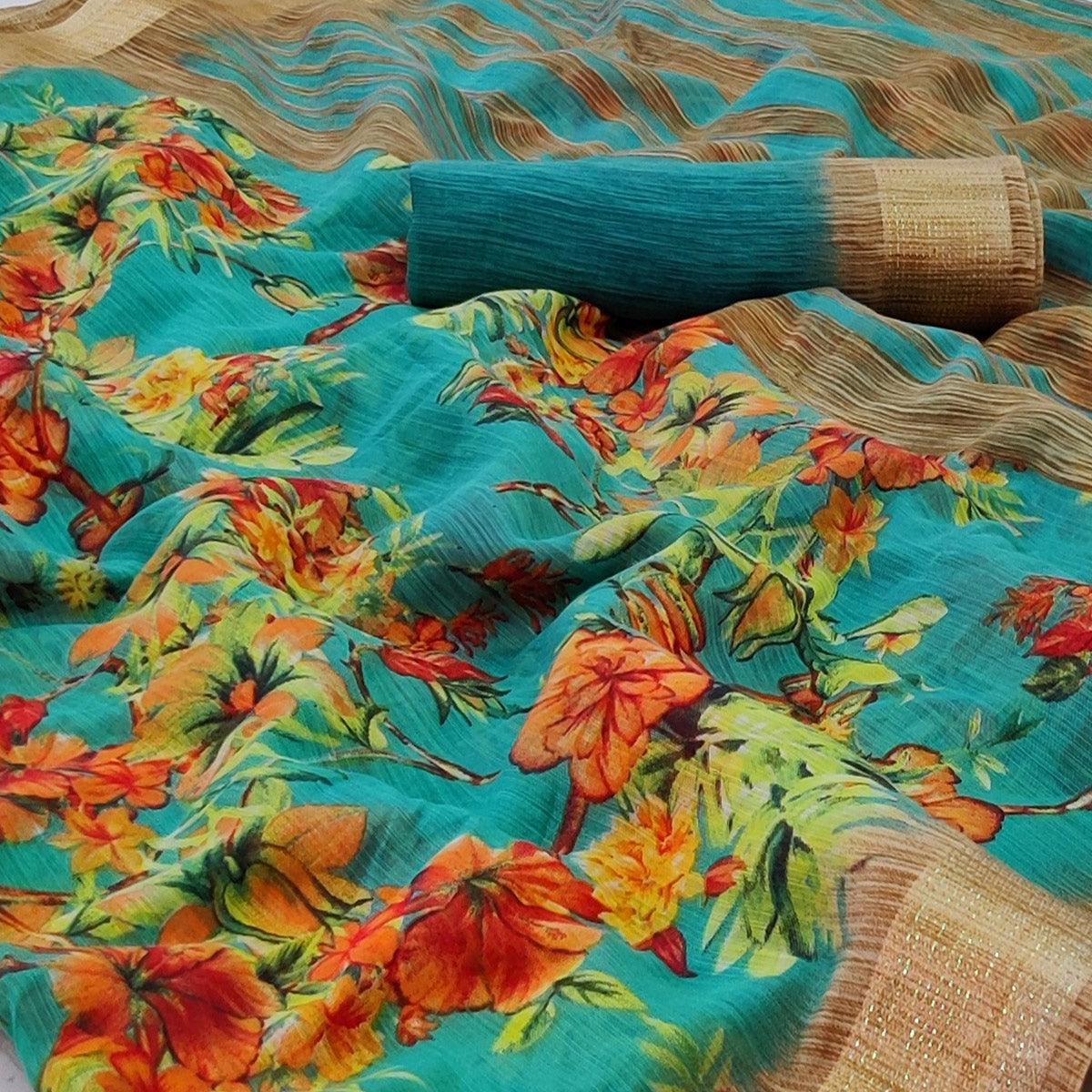 Rama Blue Casual Wear Floral Printed With Jari Border Cotton Saree - Peachmode