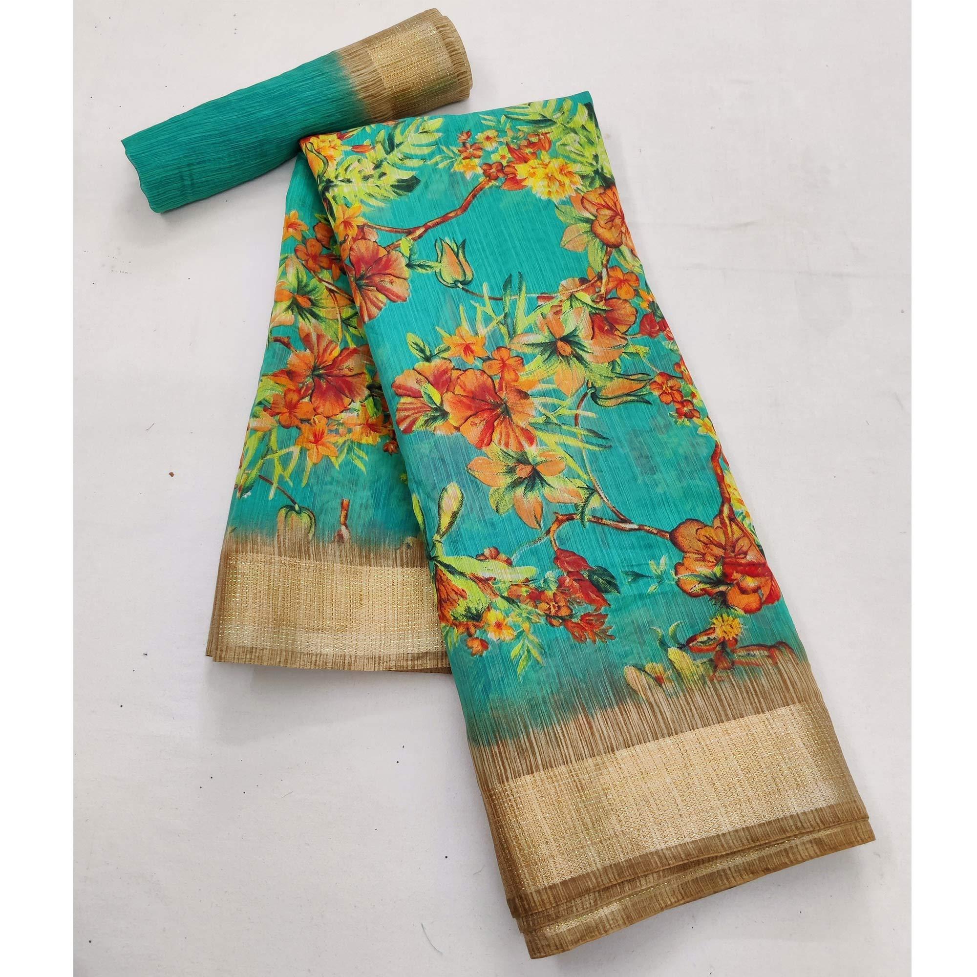 Rama Blue Casual Wear Floral Printed With Jari Border Cotton Saree - Peachmode