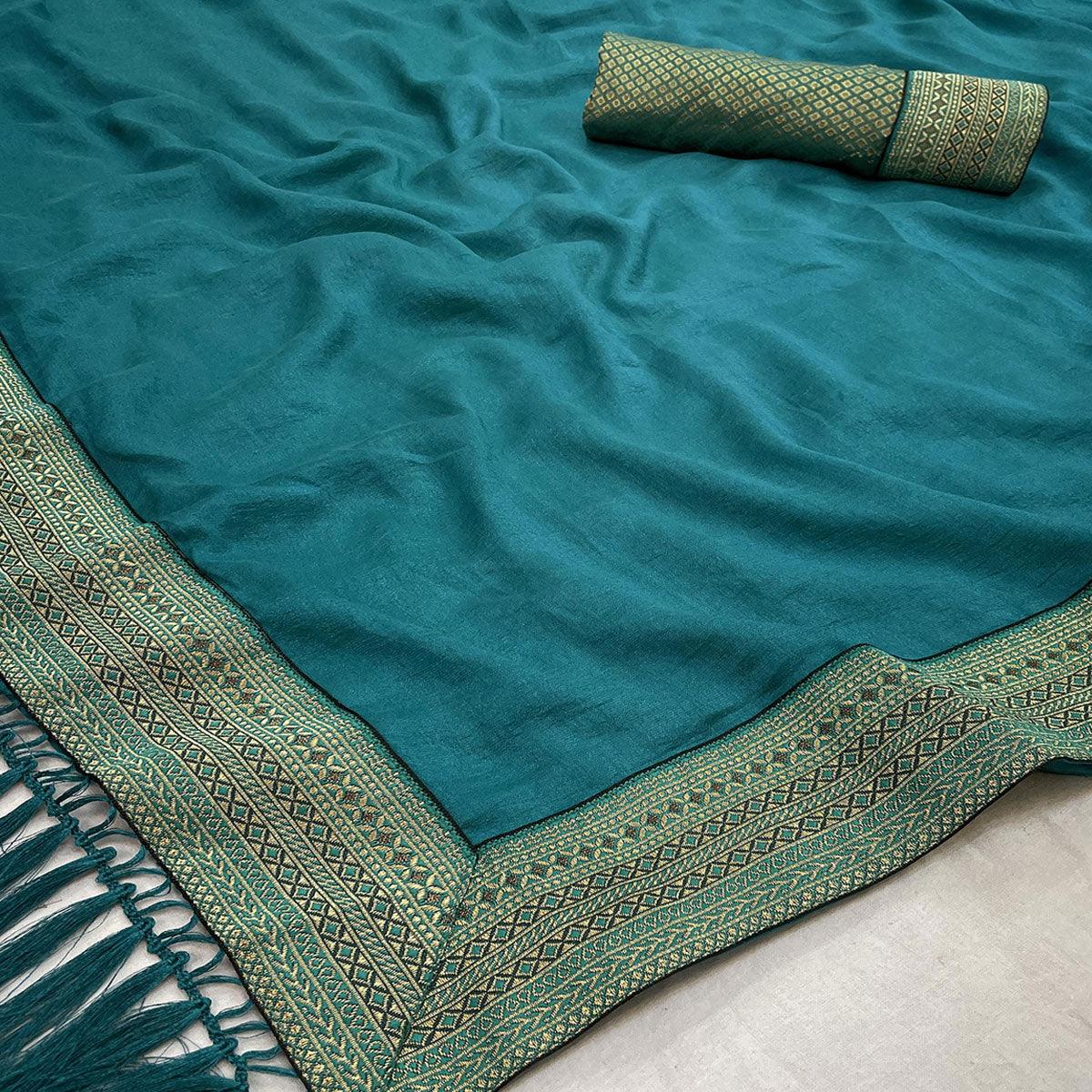 Rama Blue Casual Wear Jacquard Lace Border Silk Saree With Tassels - Peachmode