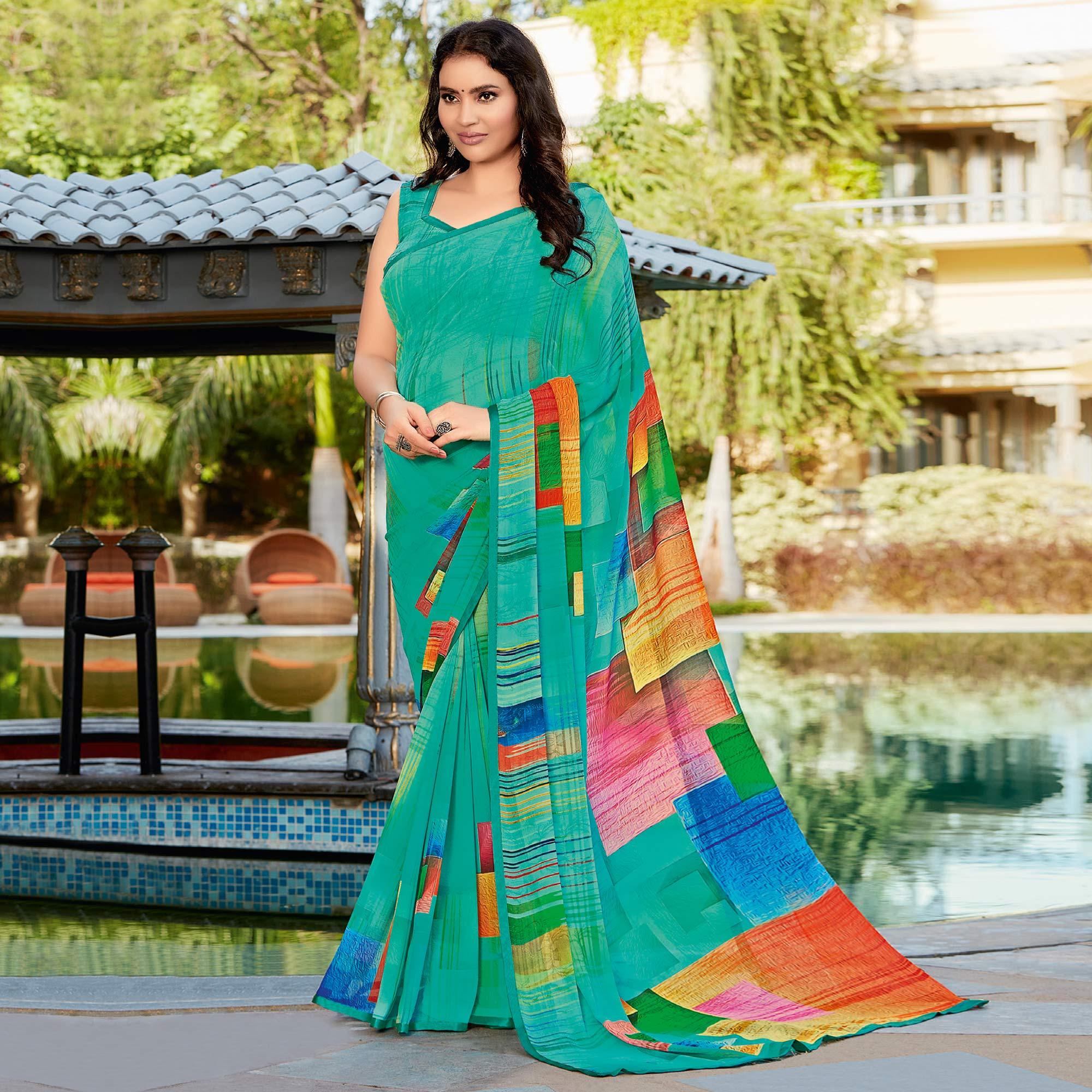 Rama Blue Casual Wear Printed Georgette Saree - Peachmode