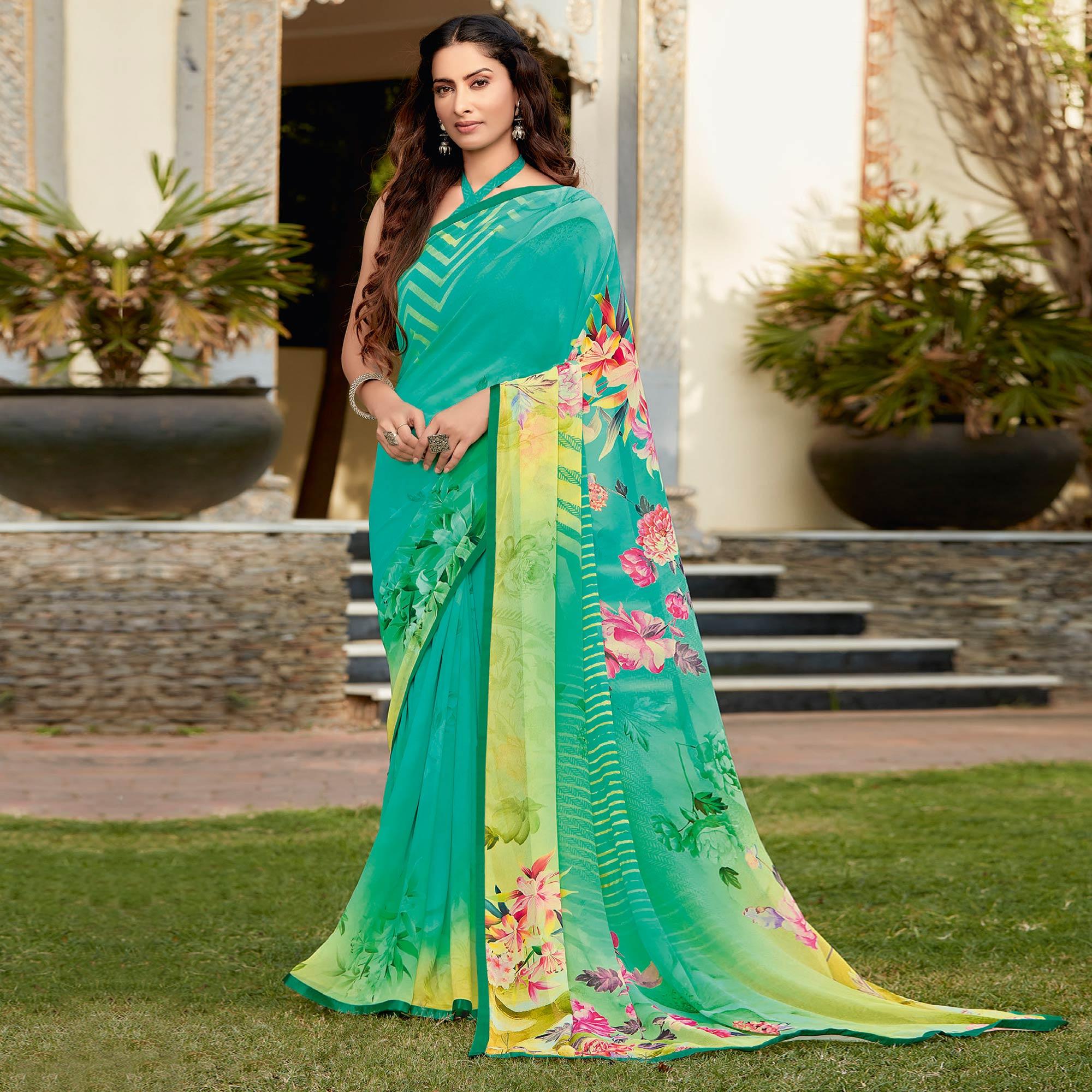 Rama Blue Casual Wear Printed Georgette Saree - Peachmode