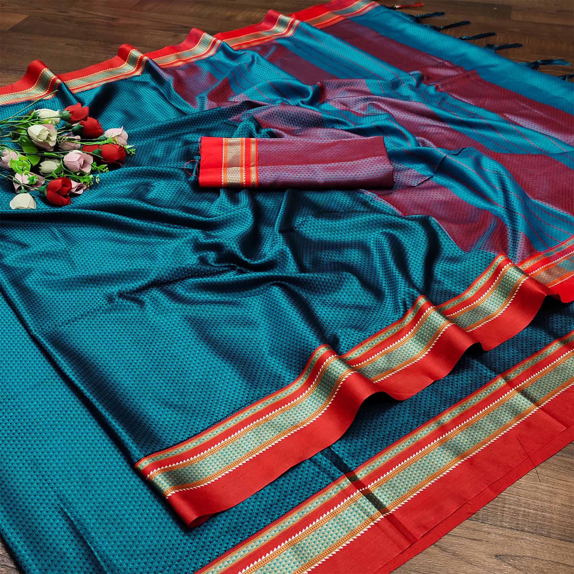 Rama Blue Casual Wear Woven Designer Khan Art Silk Saree - Peachmode