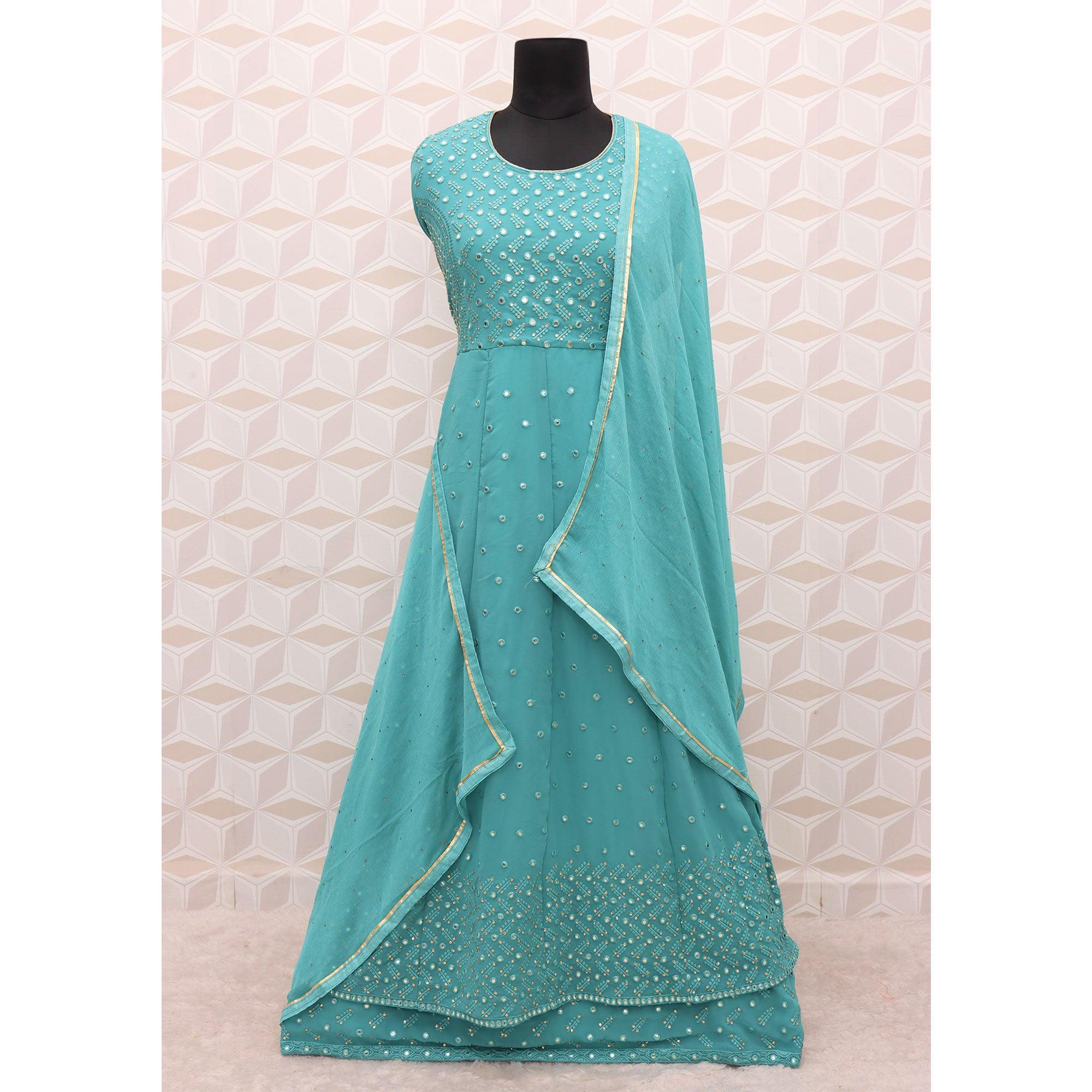 Rama Blue Embroidered Georgette Anarkali Suit - Peachmode