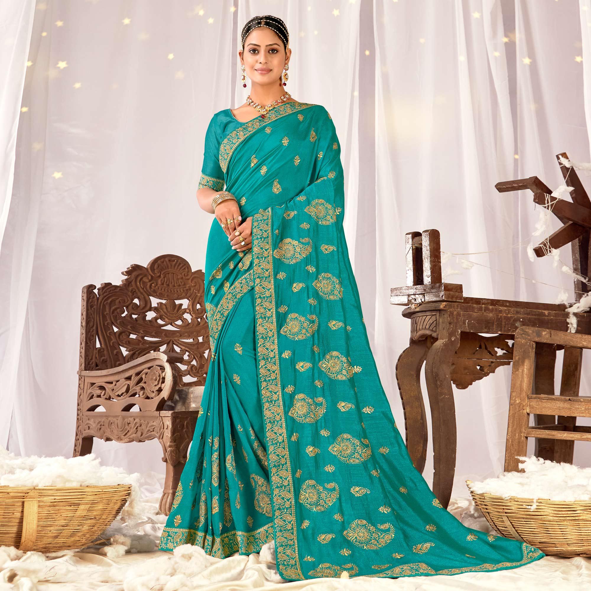 Rama Blue Embroidered Vichitra Silk Saree - Peachmode