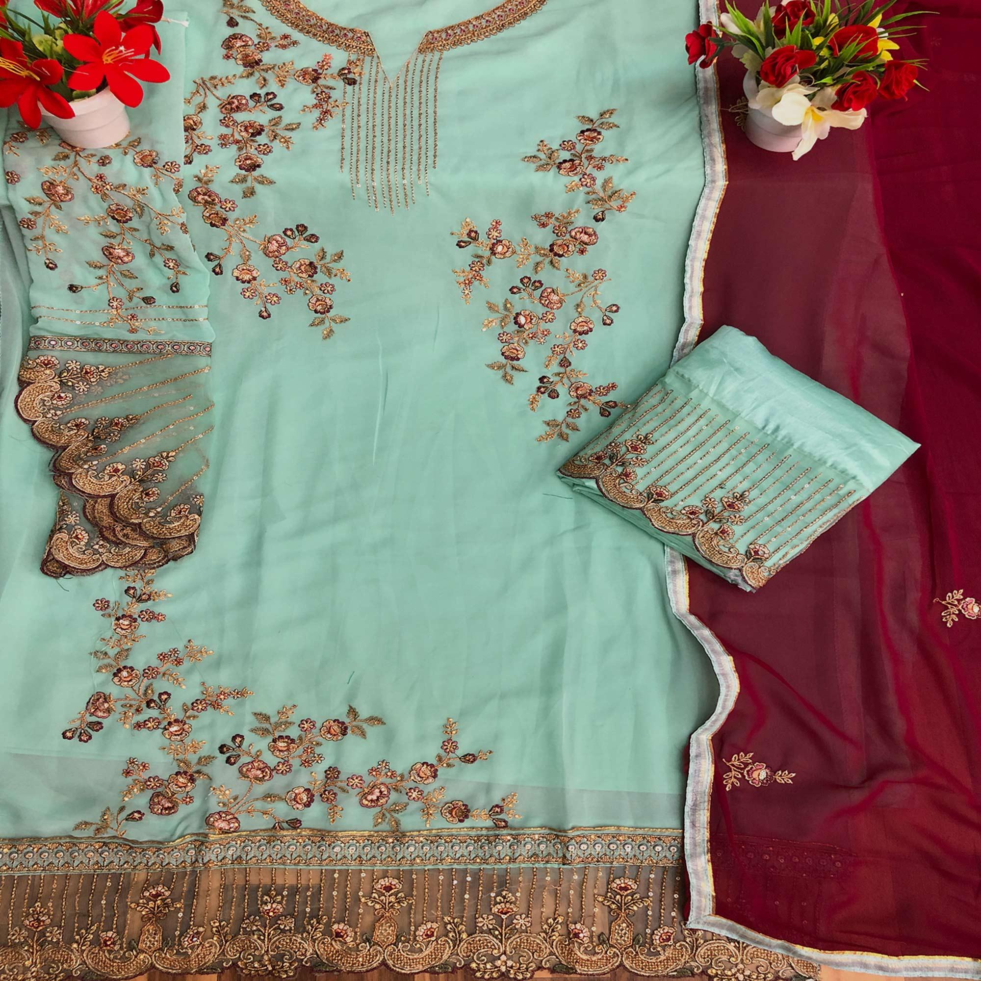 Rama Blue Festive Wear Floral Embroidered Straight Faux Georgette Palazzo Style Suit - Peachmode